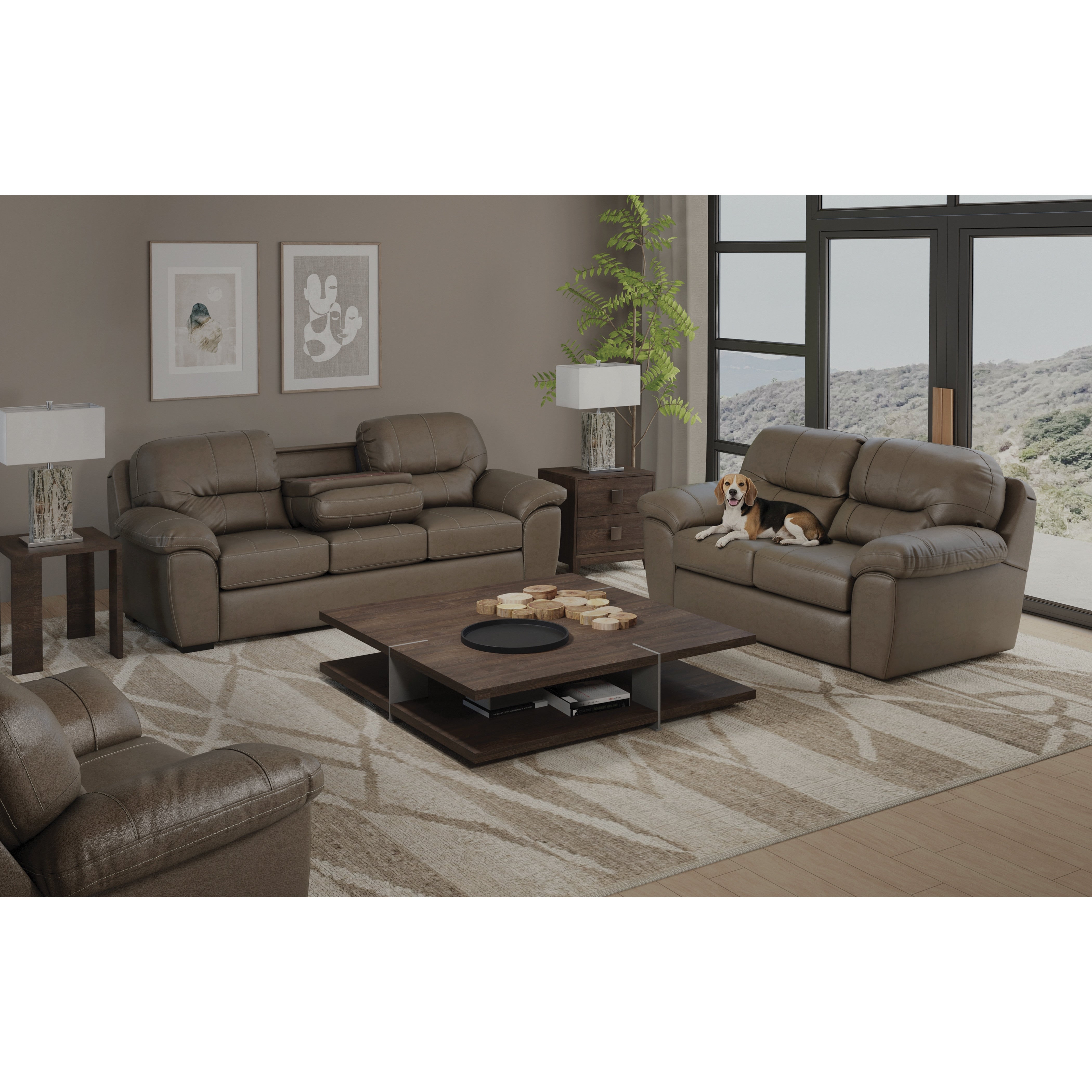 Modern living room with brown sofas, wooden coffee table, and a dog sitting on a sofa.