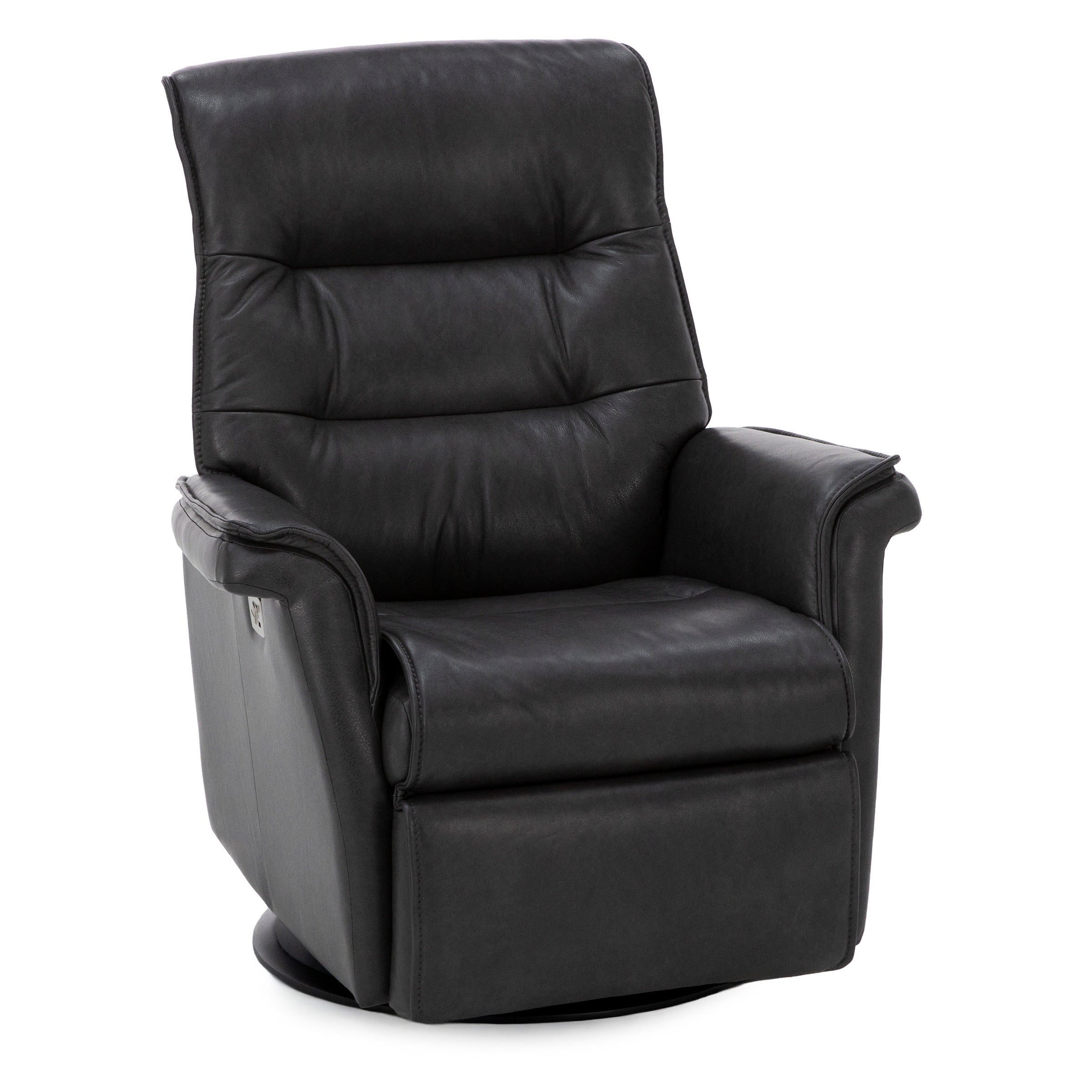 Black leather recliner chair with padded armrests and high backrest.