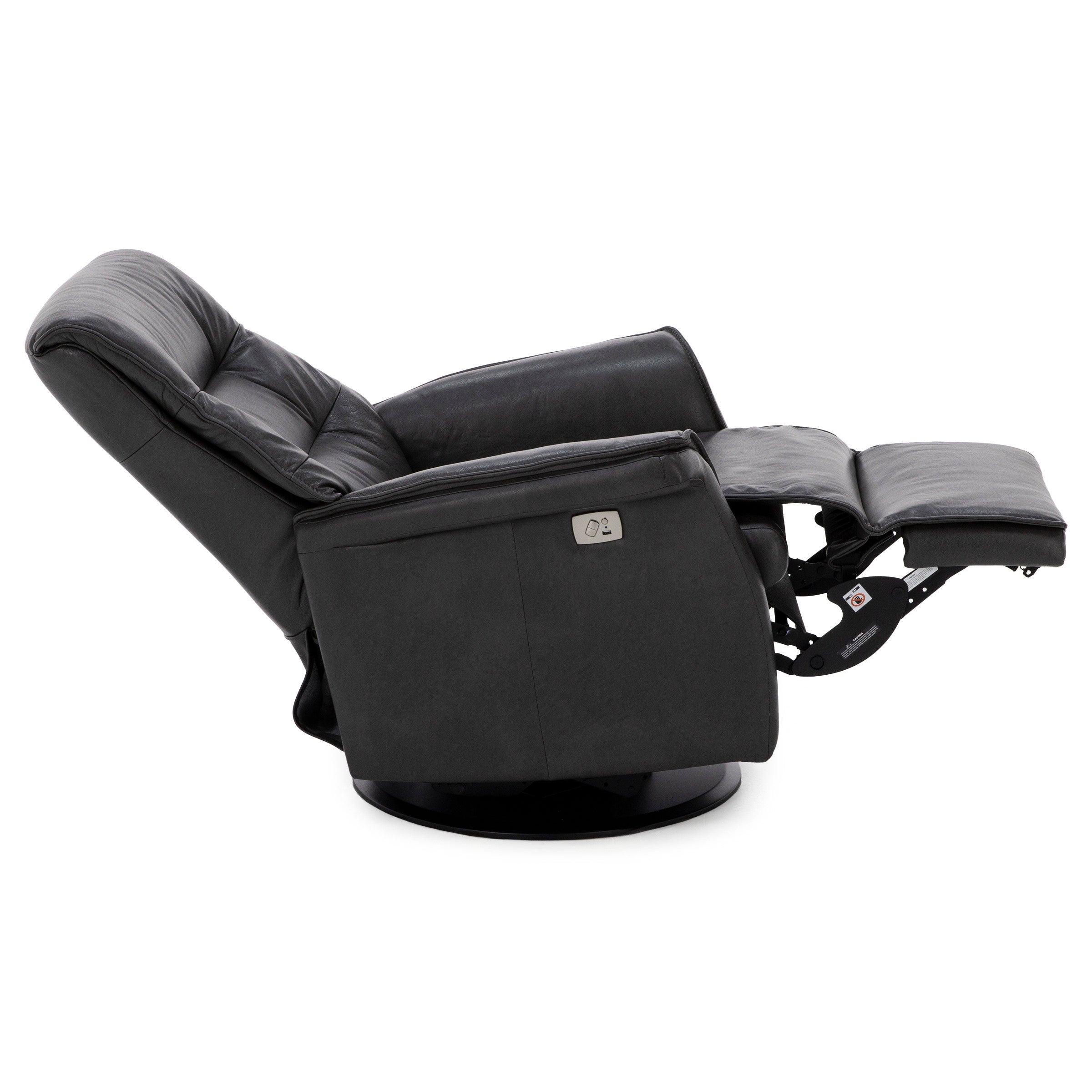 Black leather recliner chair in fully reclined position, viewed from the side.
