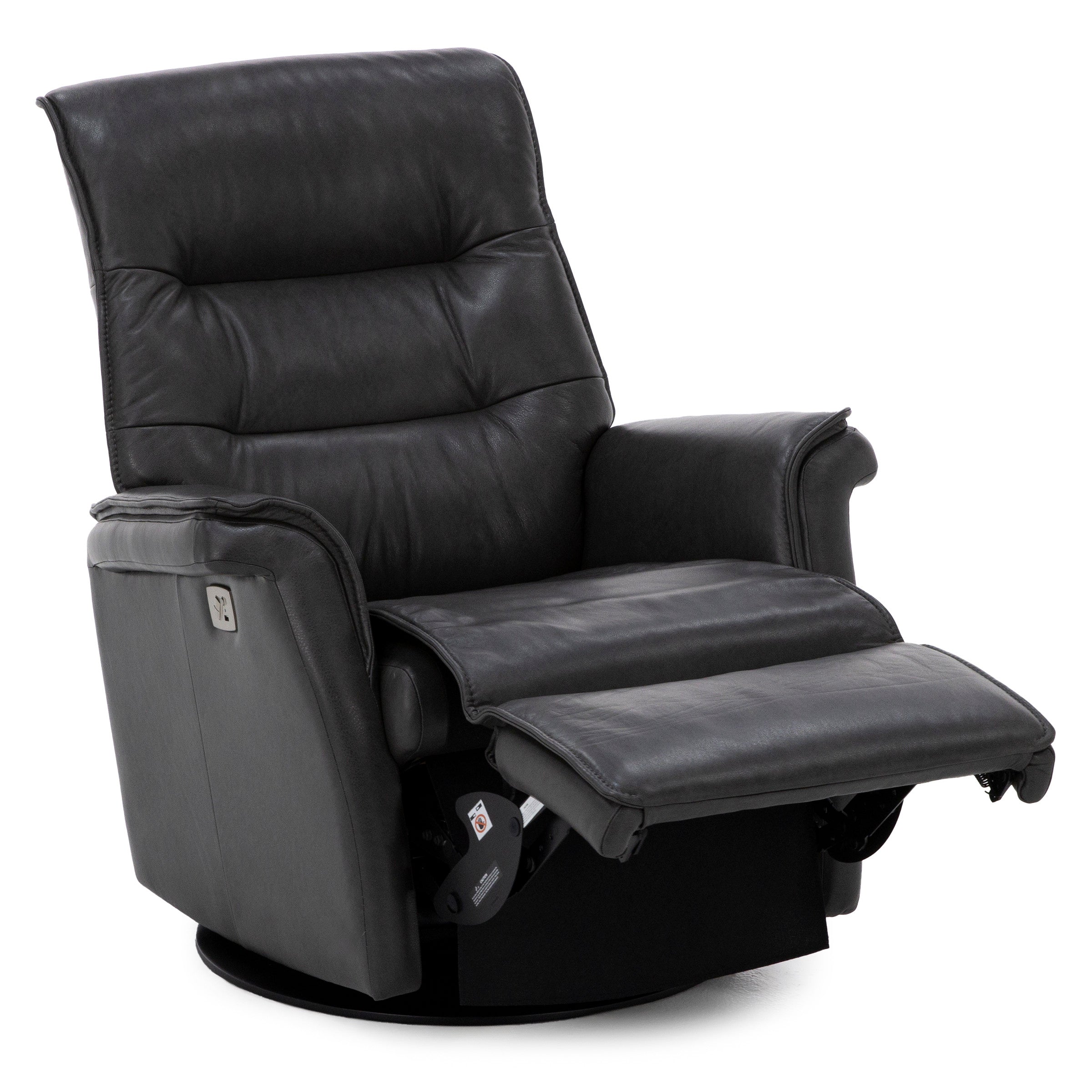 Black leather recliner chair with extended footrest.