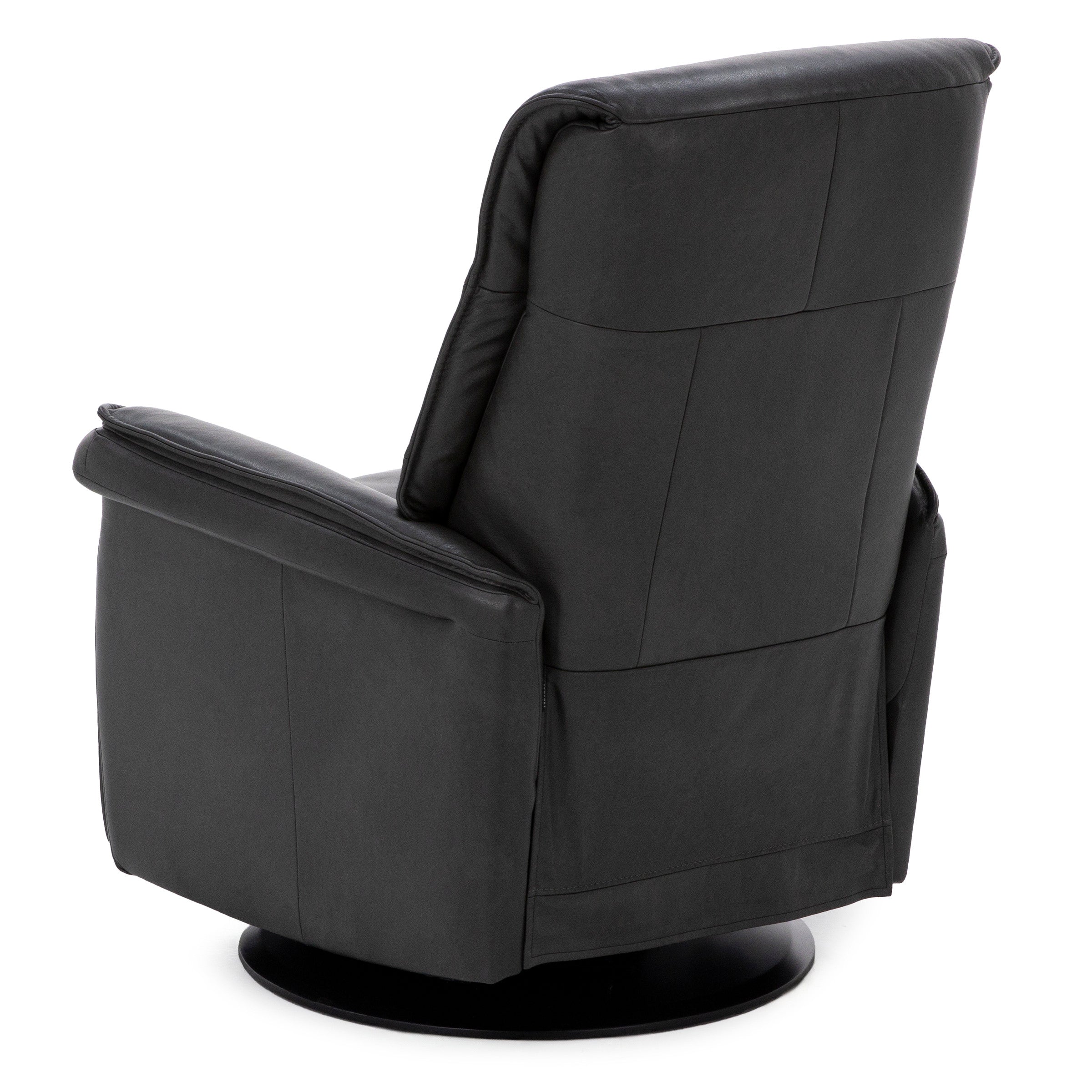 Back view of a black leather swivel recliner chair.