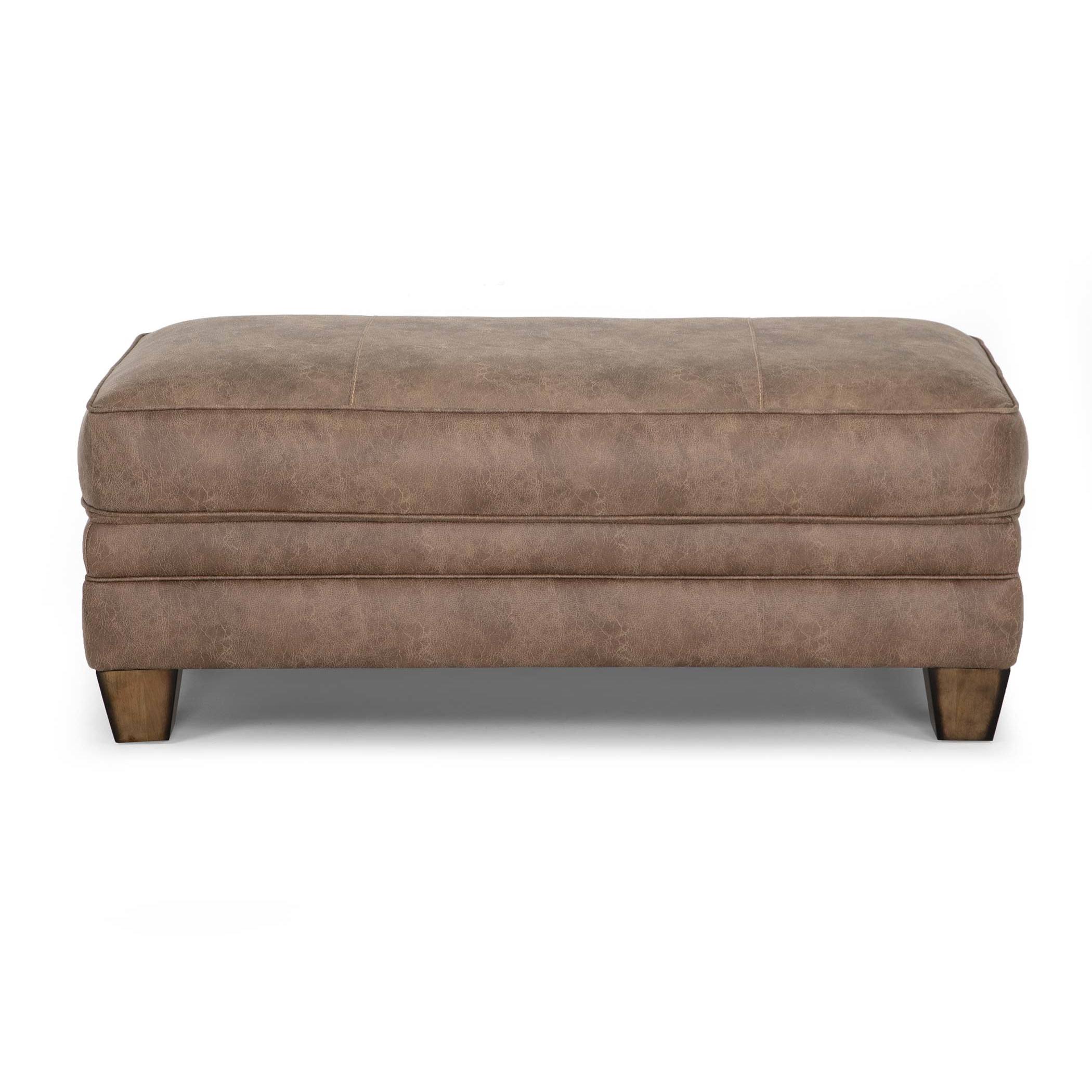 Rectangular brown upholstered ottoman with wood legs.