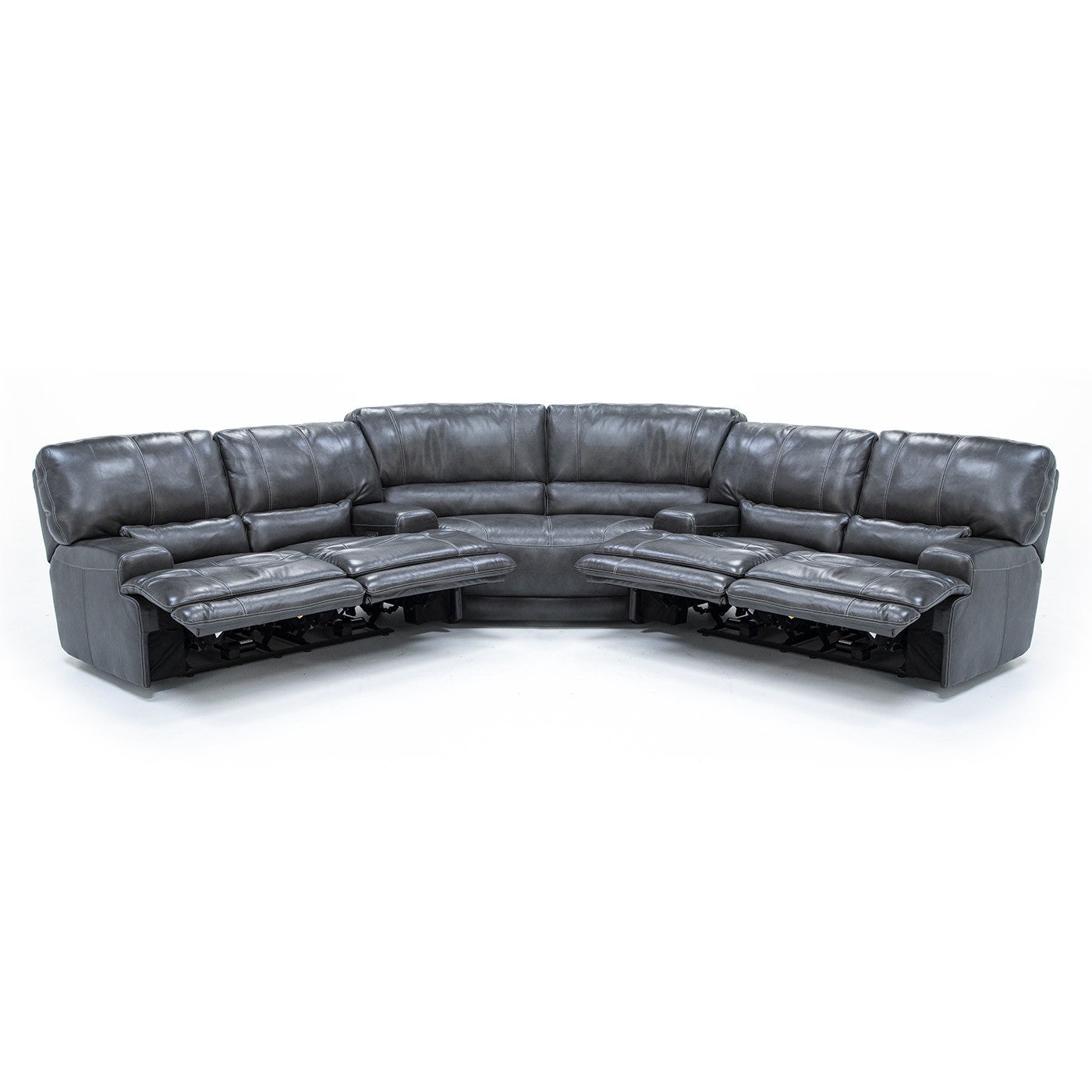 Dark gray leather sectional sofa with two extended recliners.