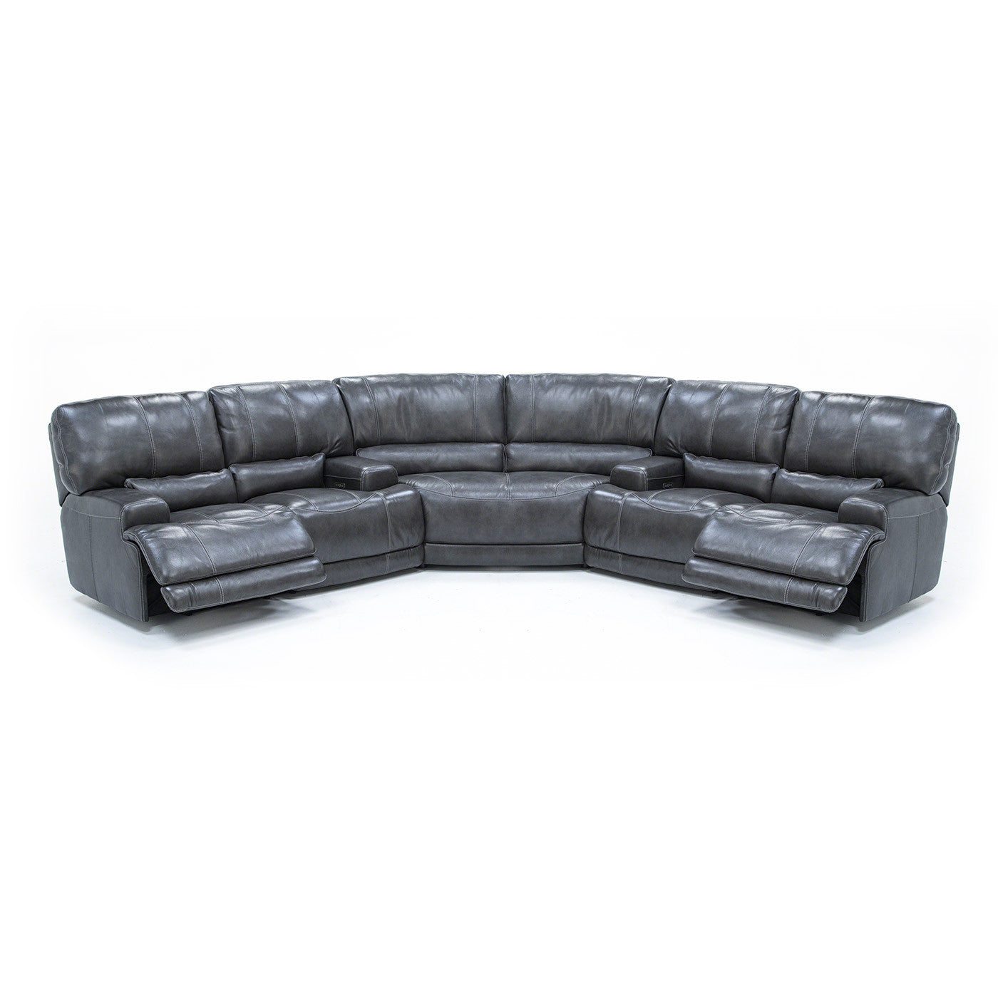 Gray leather sectional sofa with two recliners and angled design.