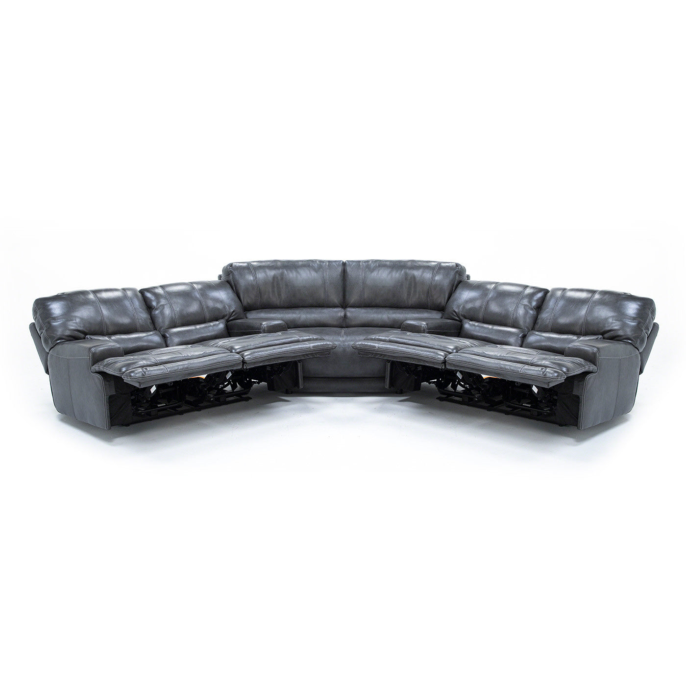 Gray sectional sofa with two extended recliners, shown on a white background.