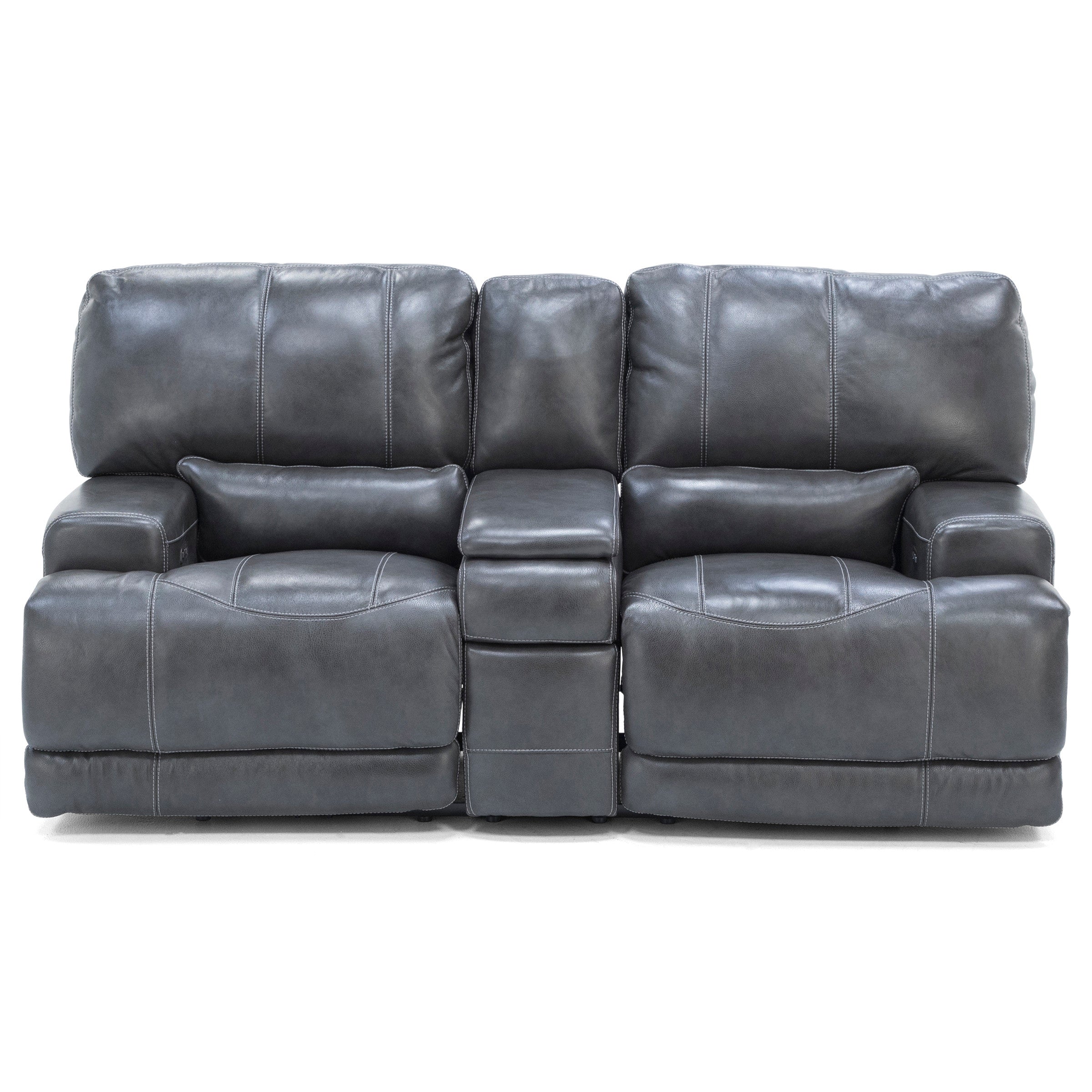 Placier Leather Power Headrest Console Reclining Loveseat in Charcoal