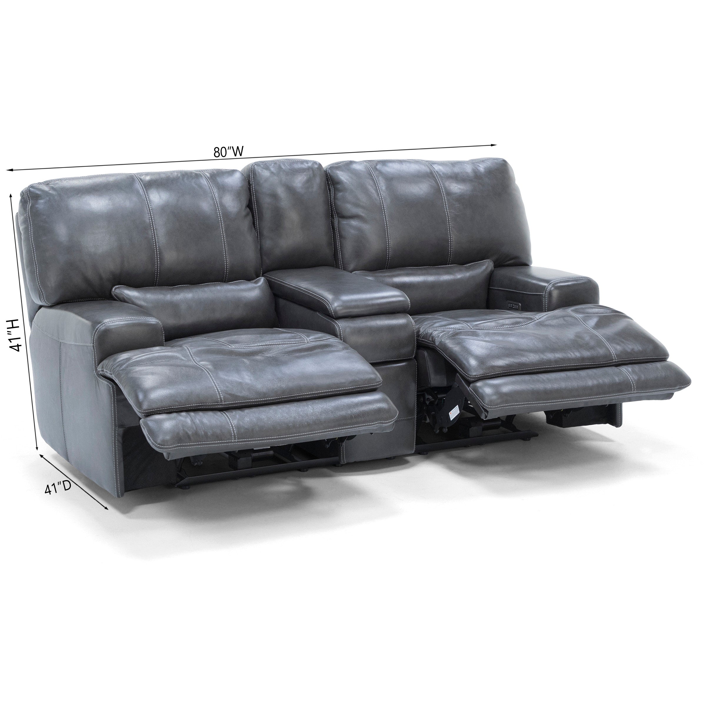Placier Leather Power Headrest Console Reclining Loveseat in Charcoal