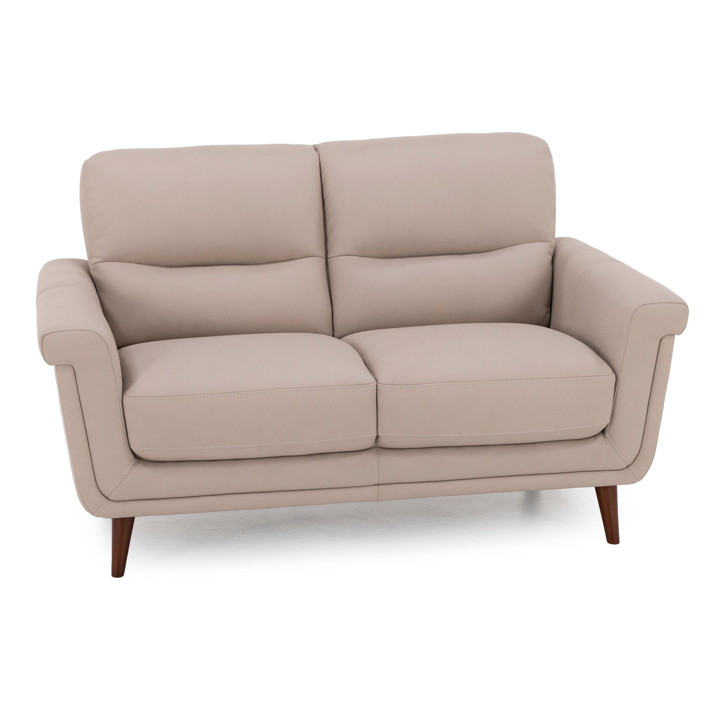 Beige two-seat sofa with wooden legs, modern and simple style.