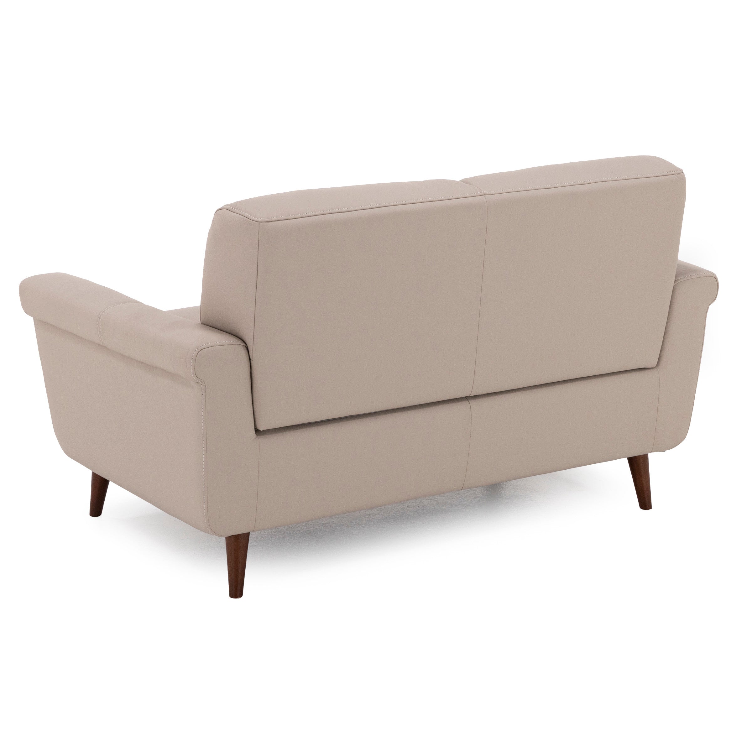 Back view of a beige loveseat with wooden legs on a white background.