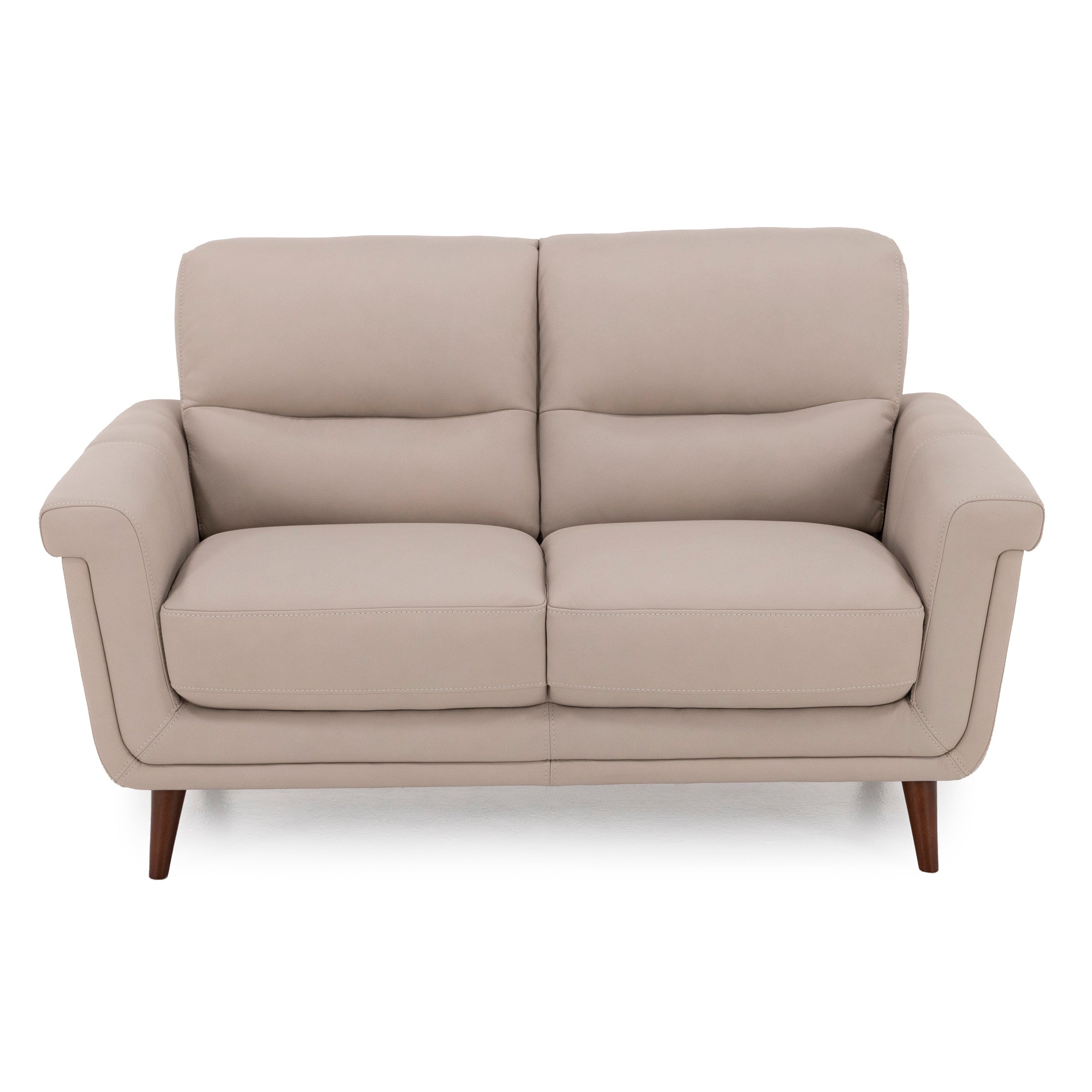 Light beige two-seat sofa with wooden legs, shown from the front on a white background.