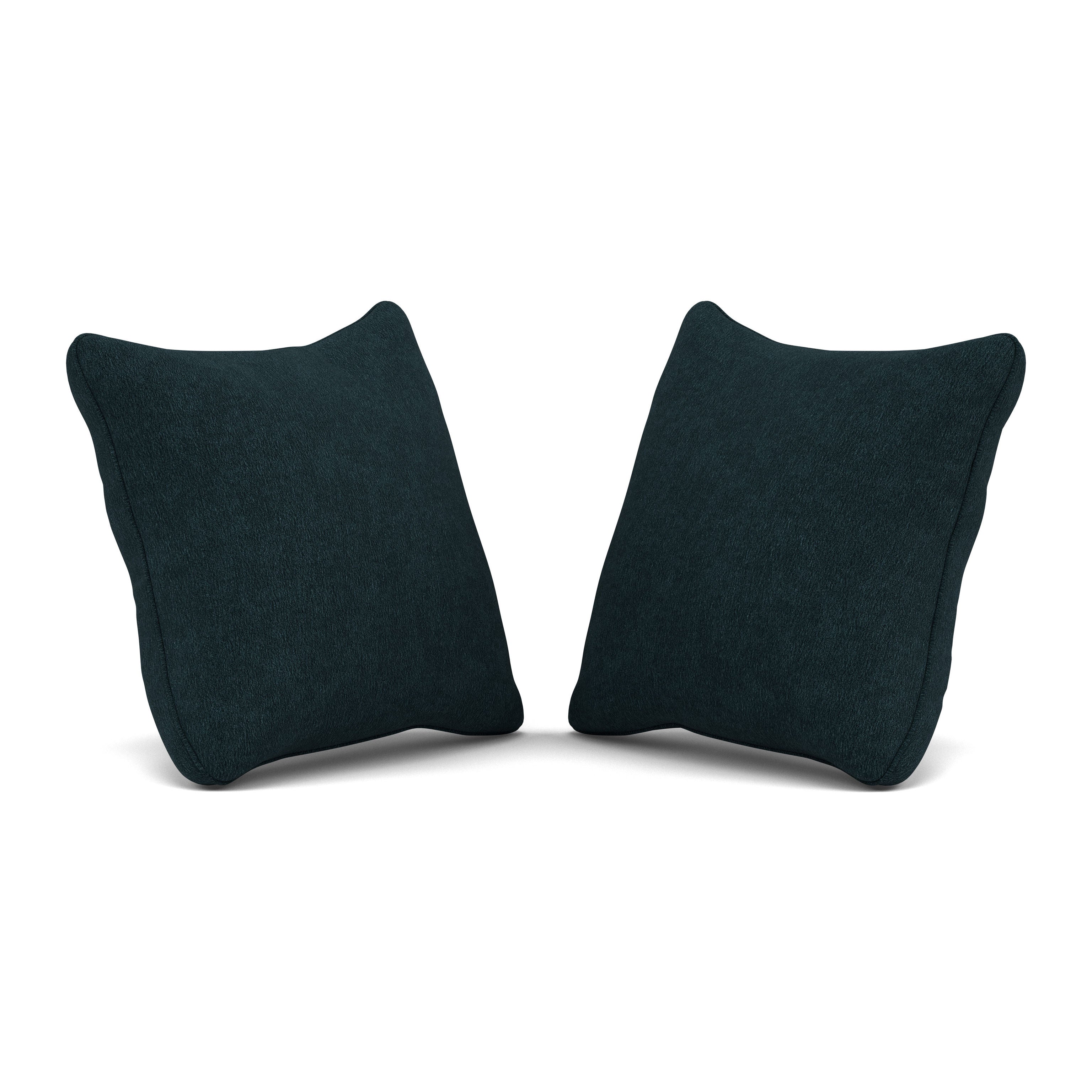 Two dark square throw pillows against a white background.