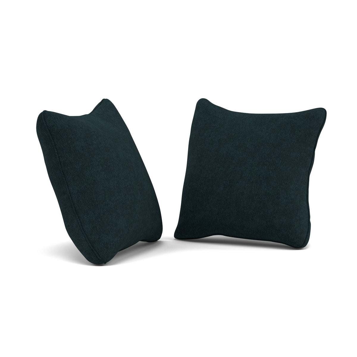 Two dark square pillows against a white background.