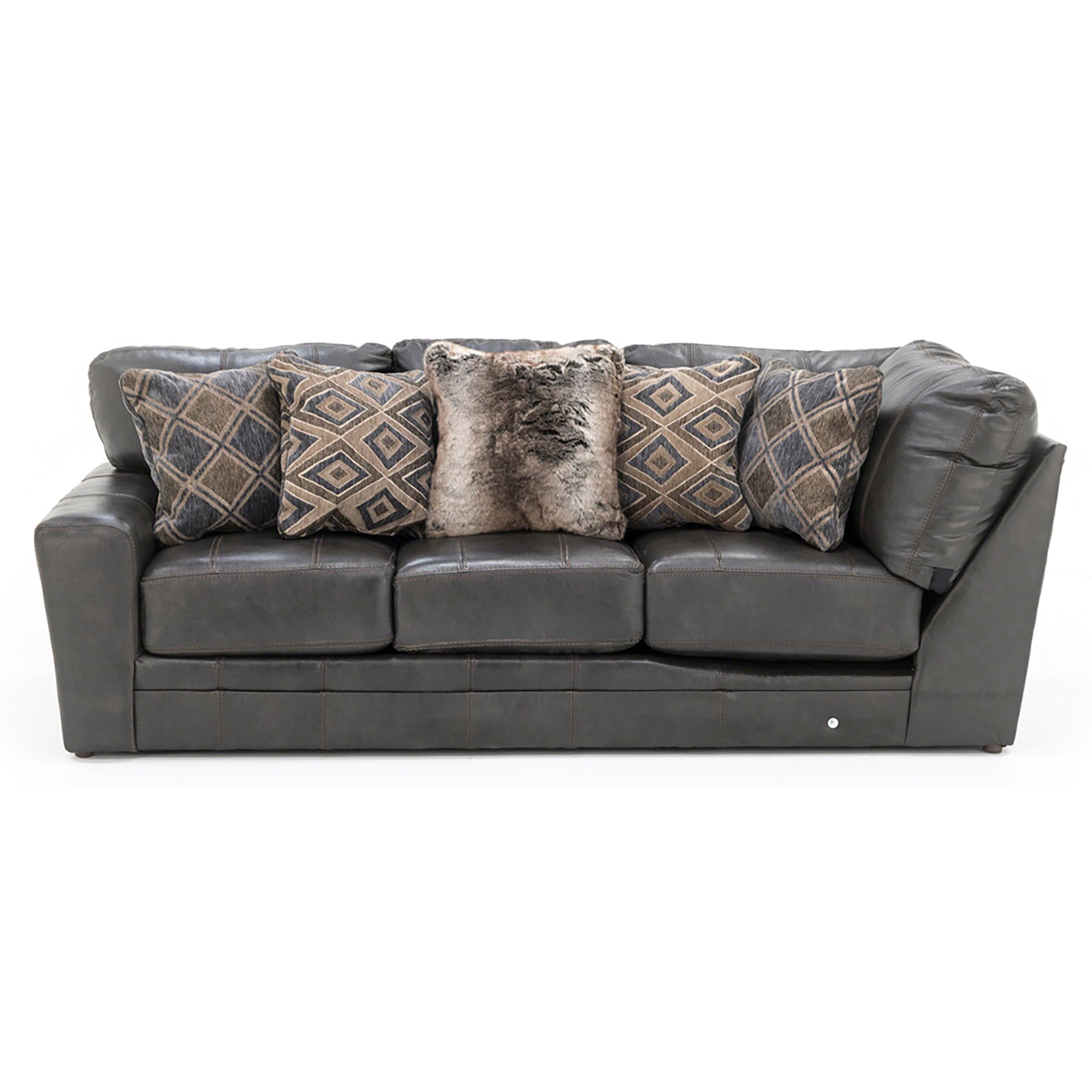 Dark gray sofa with five patterned and textured accent pillows.