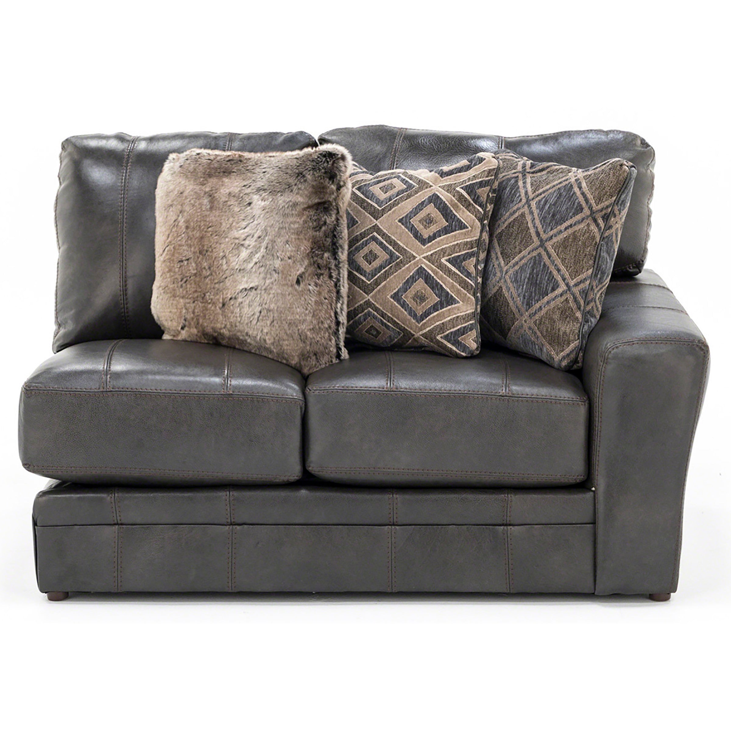 Dark gray loveseat with three decorative throw pillows
