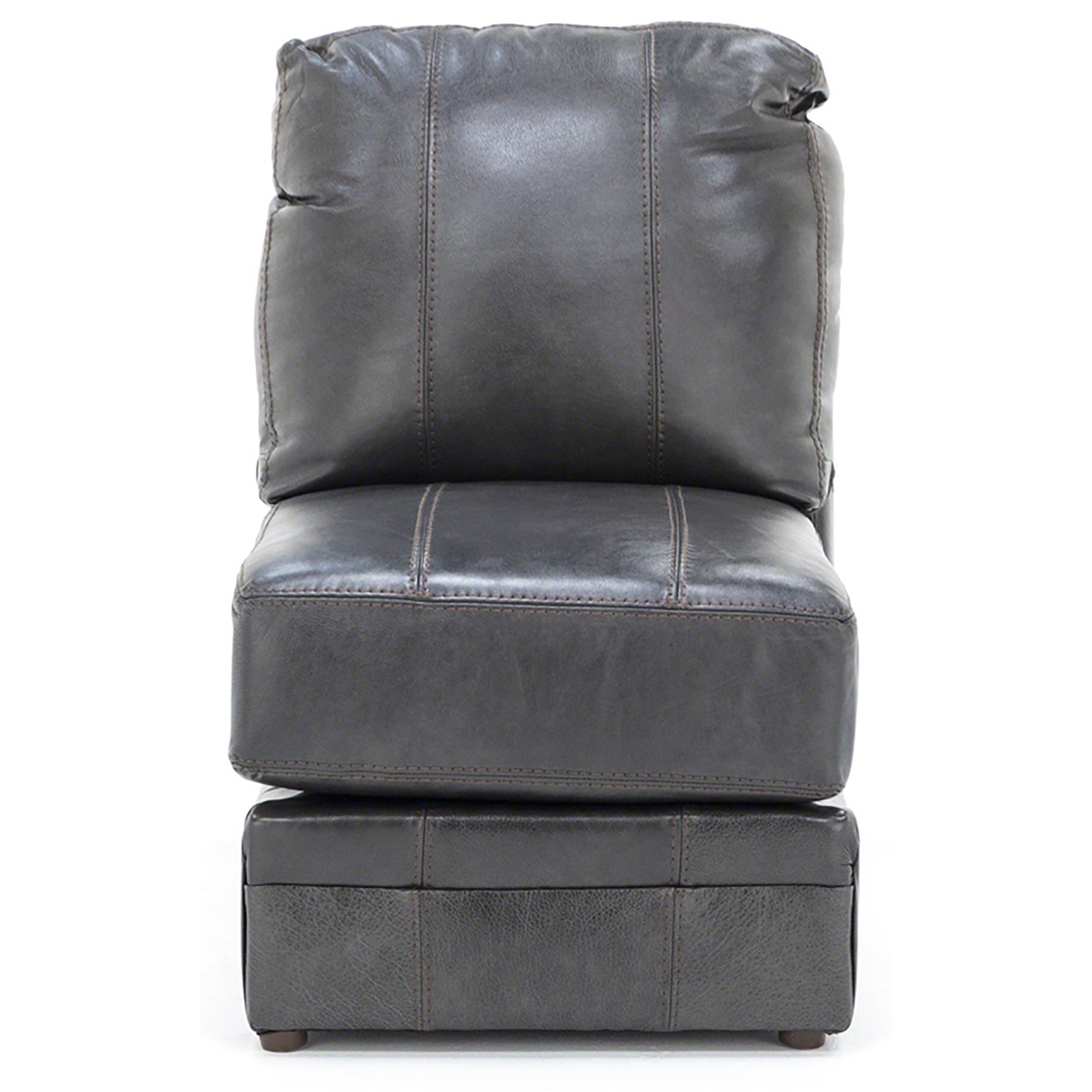 Armless dark gray leather accent chair with plush cushion and visible stitching.