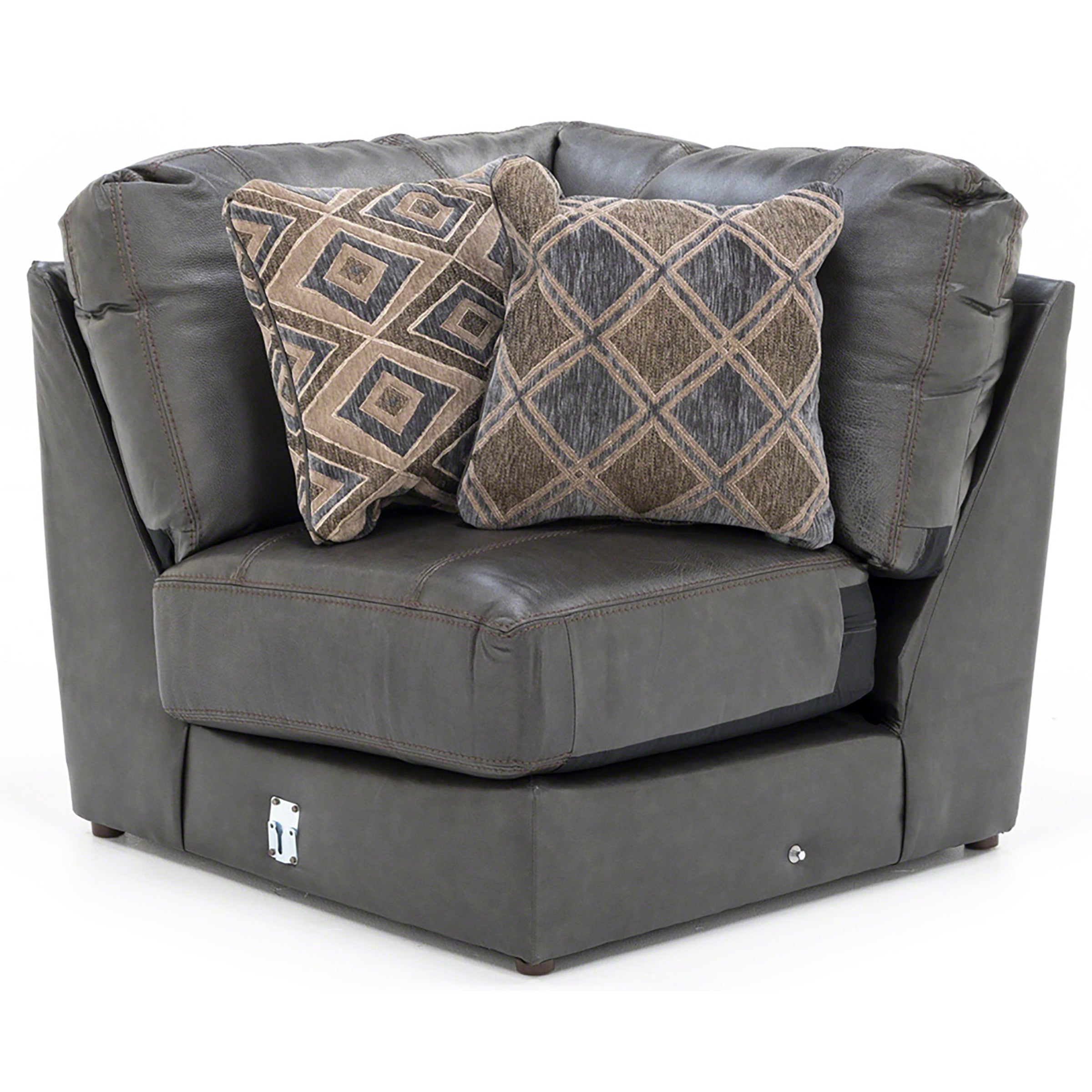 Dark gray corner chair with two patterned throw pillows, shown against a white background.