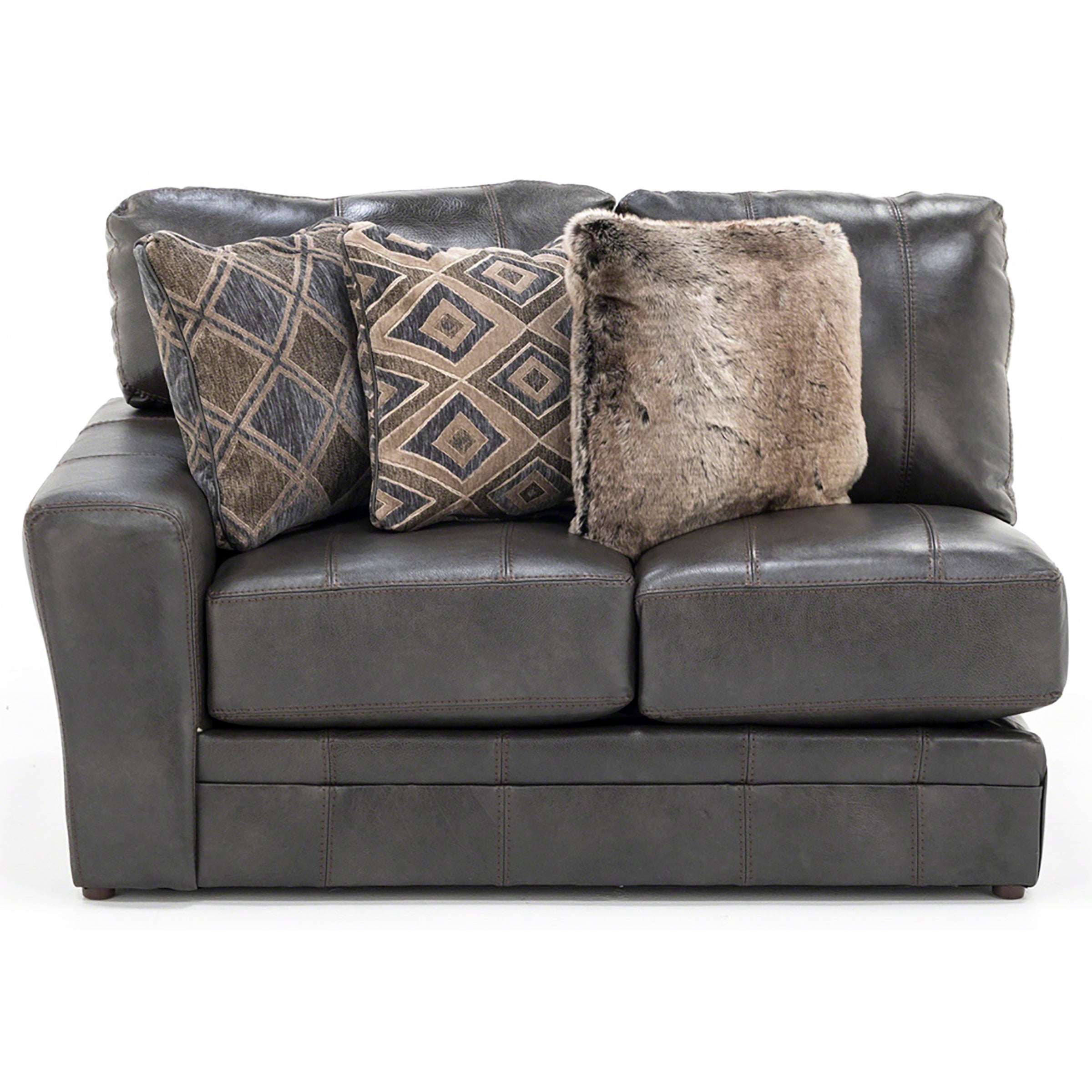 Dark gray loveseat with three patterned and faux fur pillows, front view.