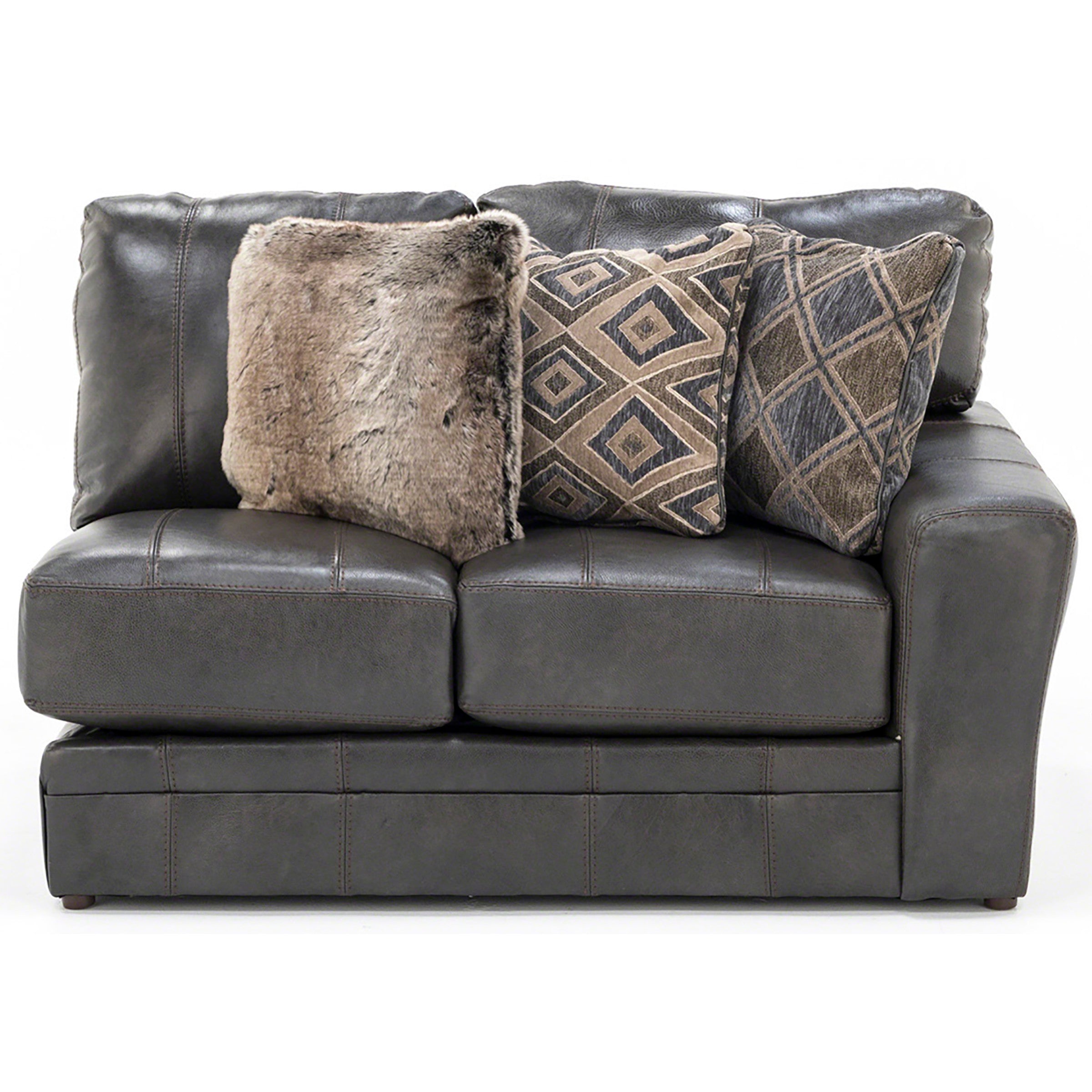 Gray loveseat with three patterned and textured pillows