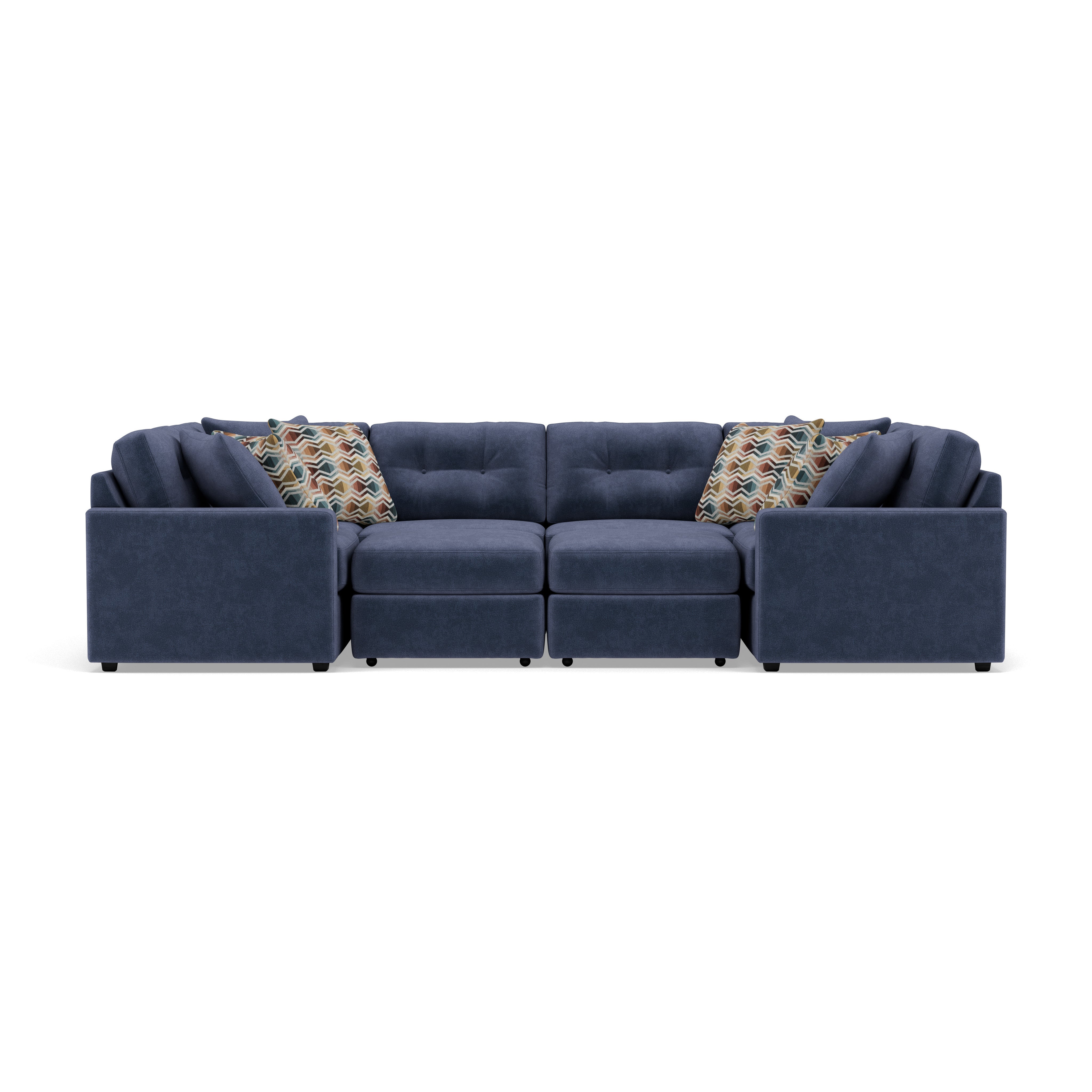 Blue sectional sofa with patterned accent pillows, viewed from the front on a white background.