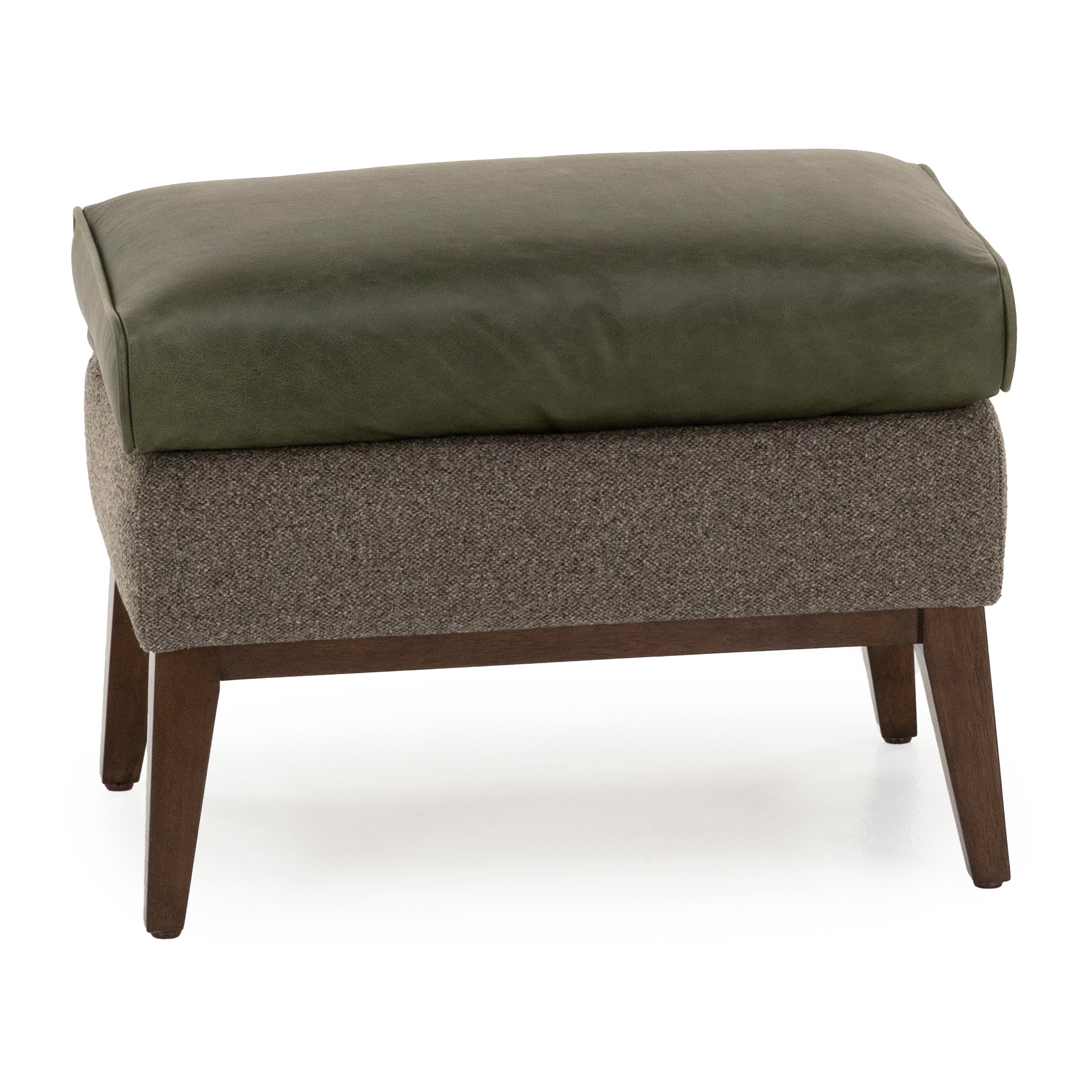 Mid-century ottoman with green leather cushion, brown fabric base, and wood legs.