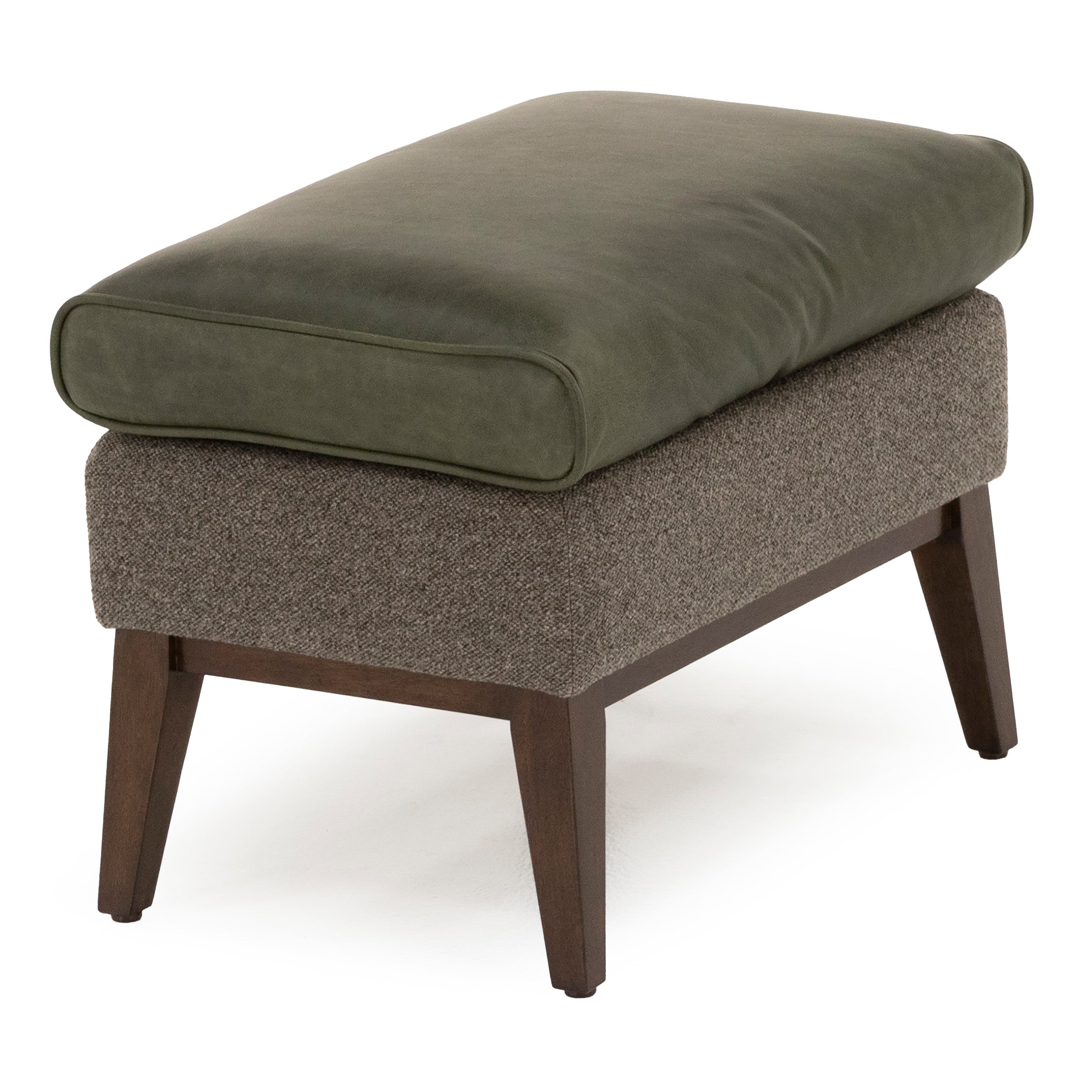 Modern ottoman with green cushion, brown upholstered base, and wood legs.