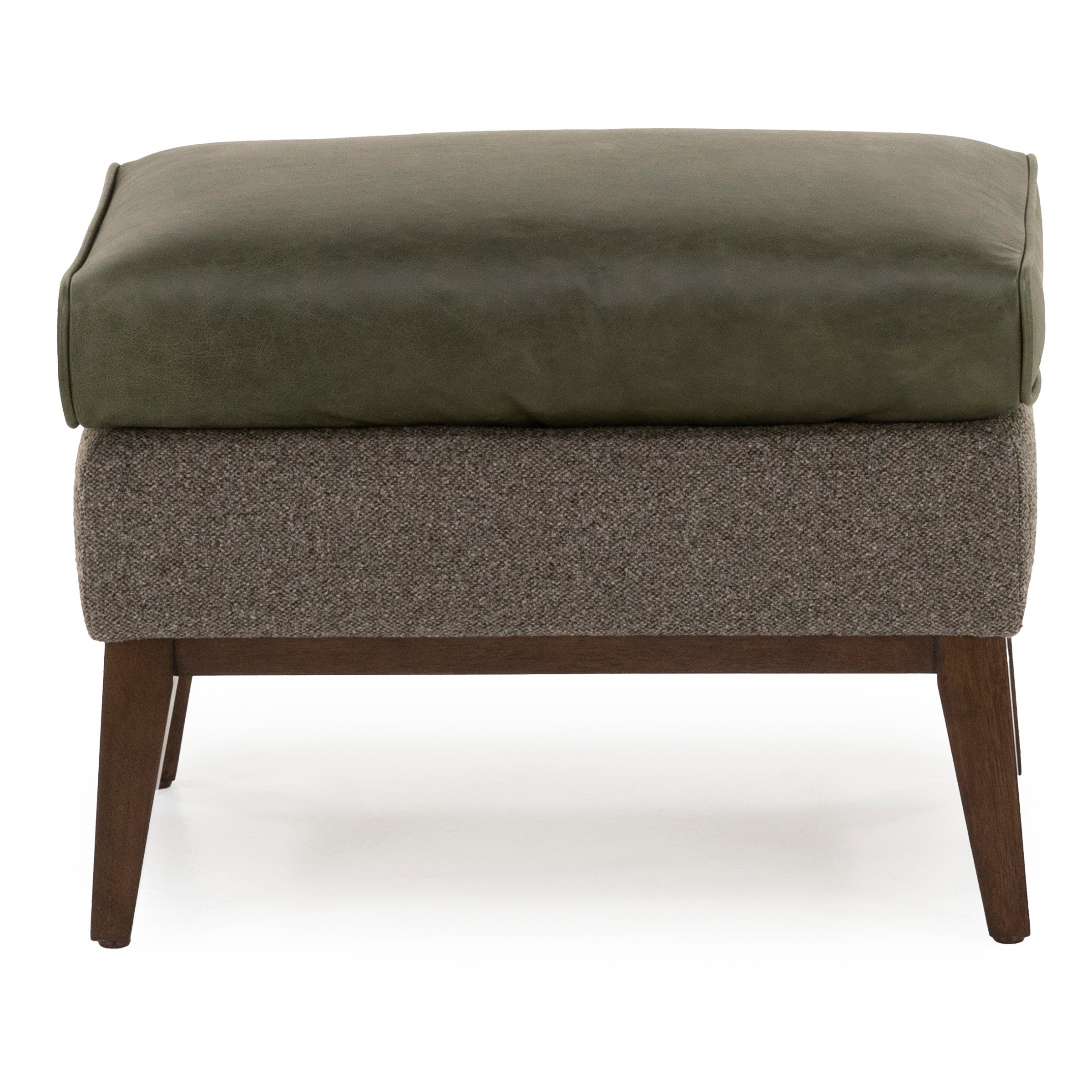 Modern ottoman with green cushion, brown fabric sides, and wooden legs.