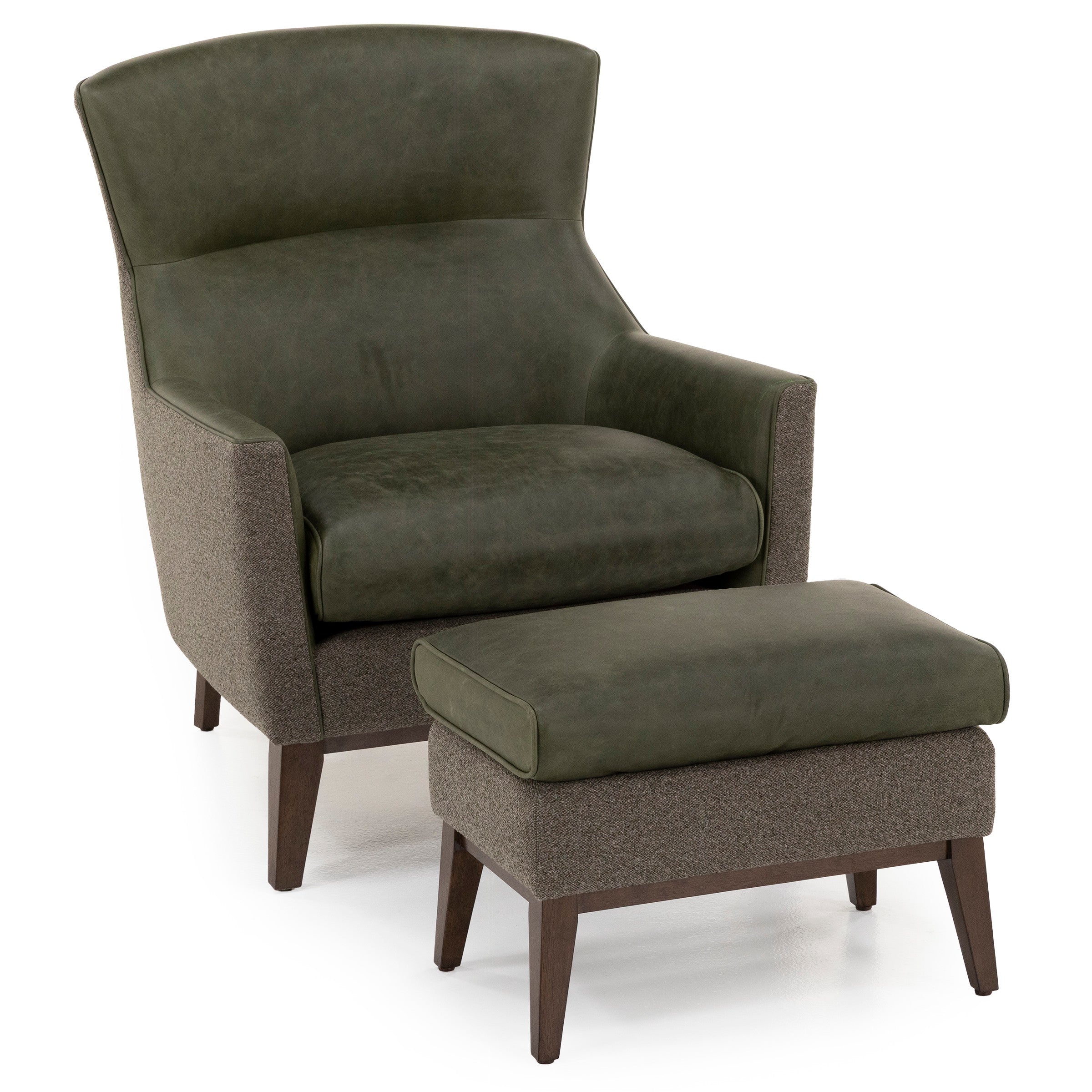 Green and gray upholstered armchair with matching ottoman on wooden legs.