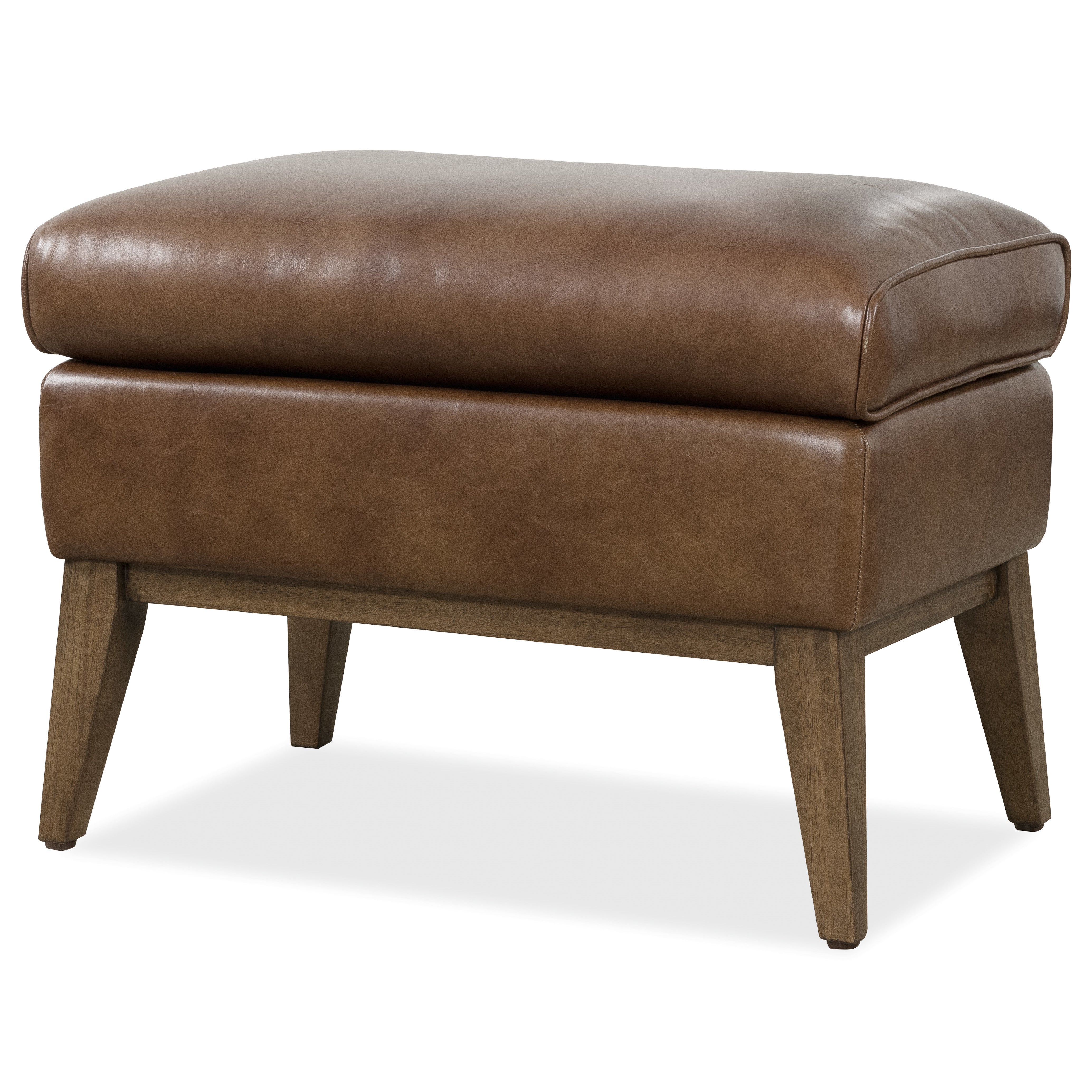 Brown leather ottoman with wooden legs.