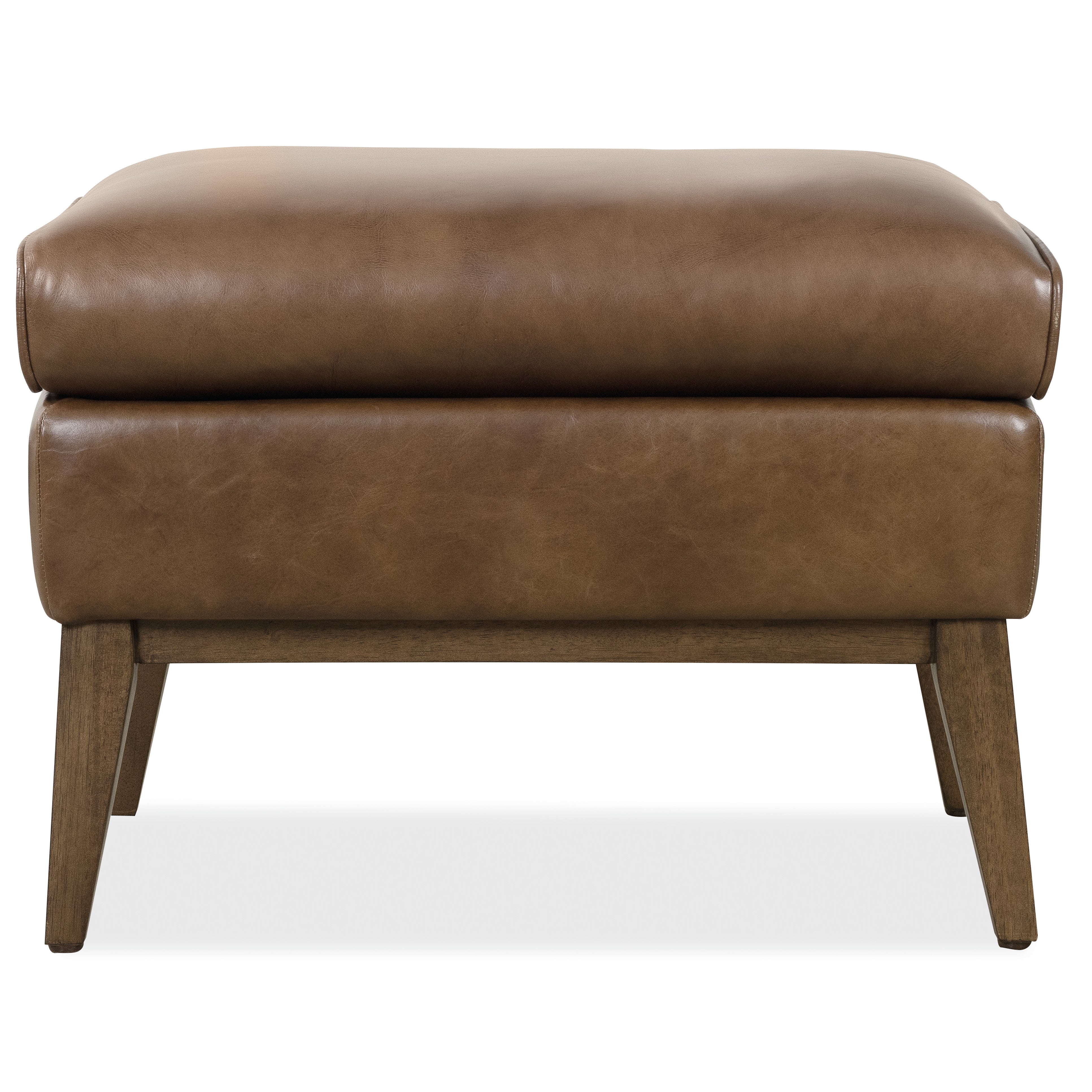 Brown leather ottoman with wooden legs, shown from the front.