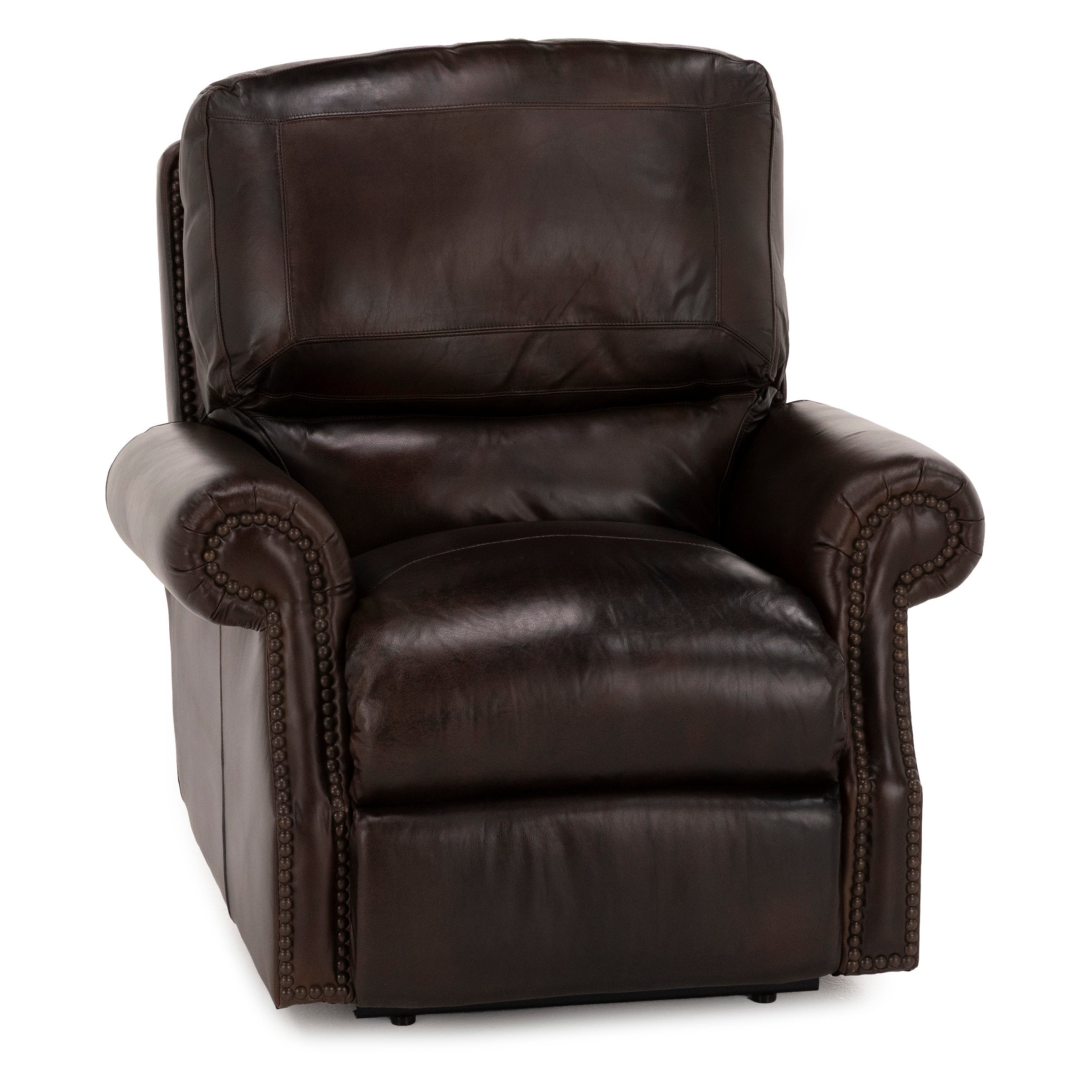 Dark brown leather armchair with rolled arms and nailhead trim.