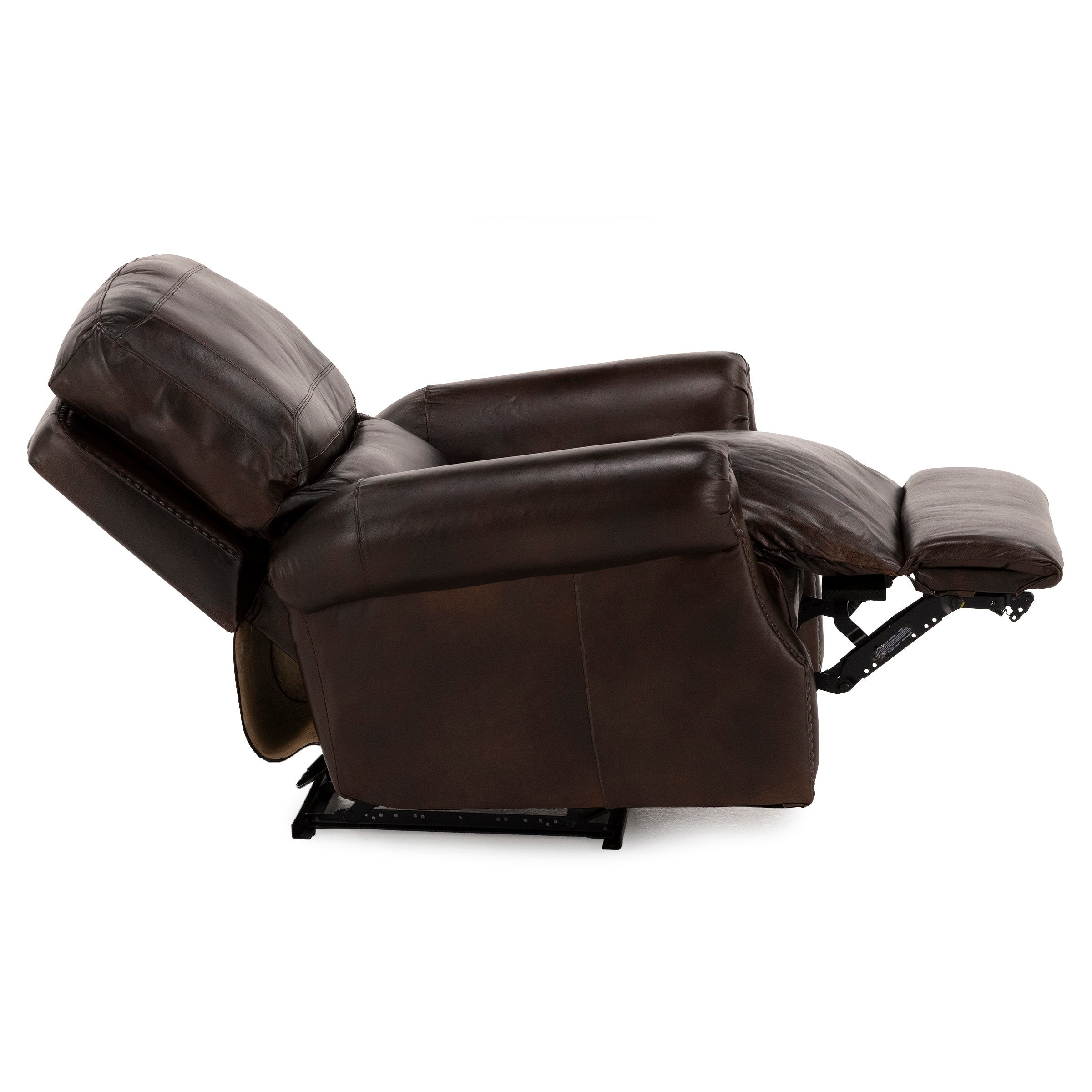 Side view of a dark brown leather recliner fully extended.