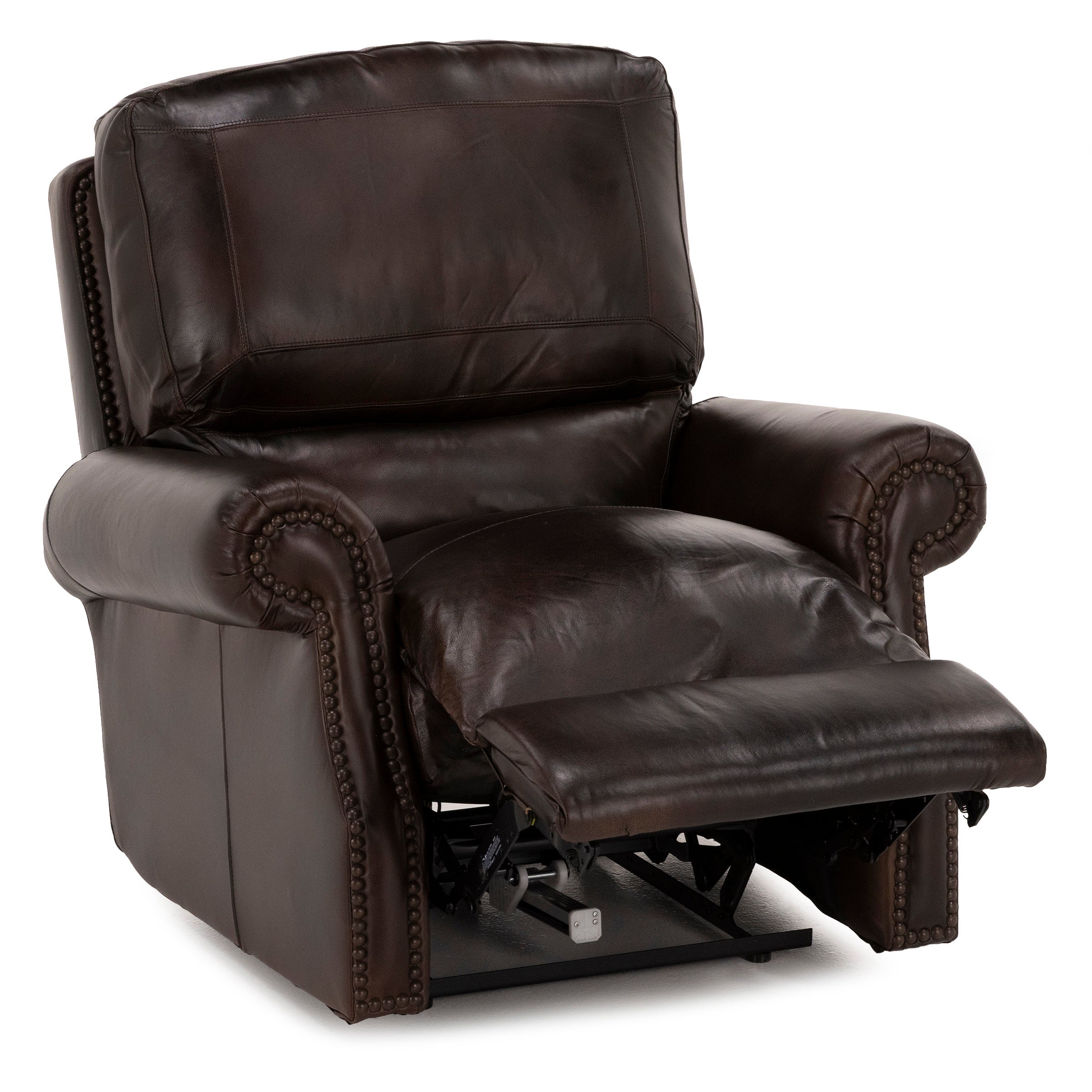 Dark brown leather recliner chair with extended footrest.