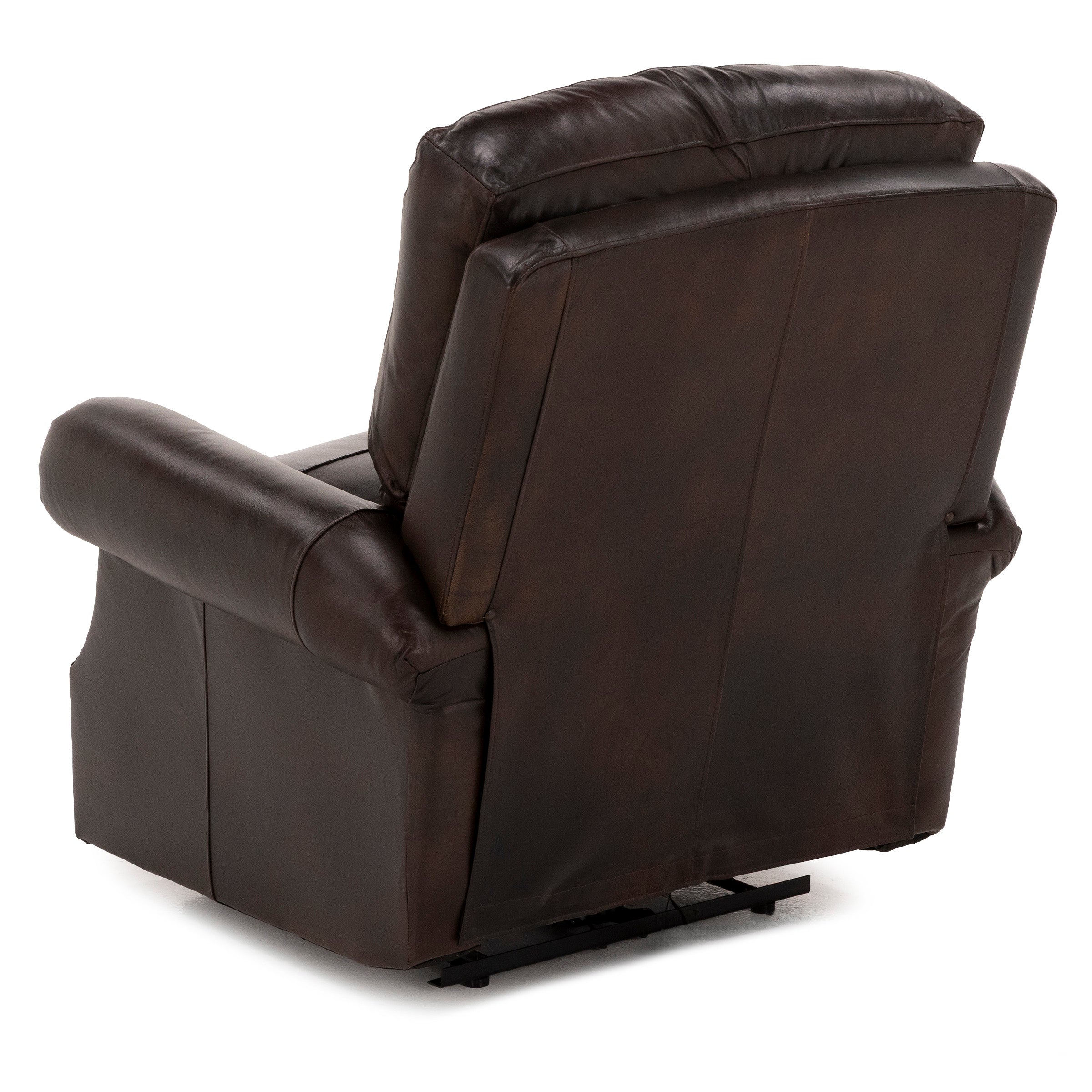 Back view of a dark brown leather recliner chair.