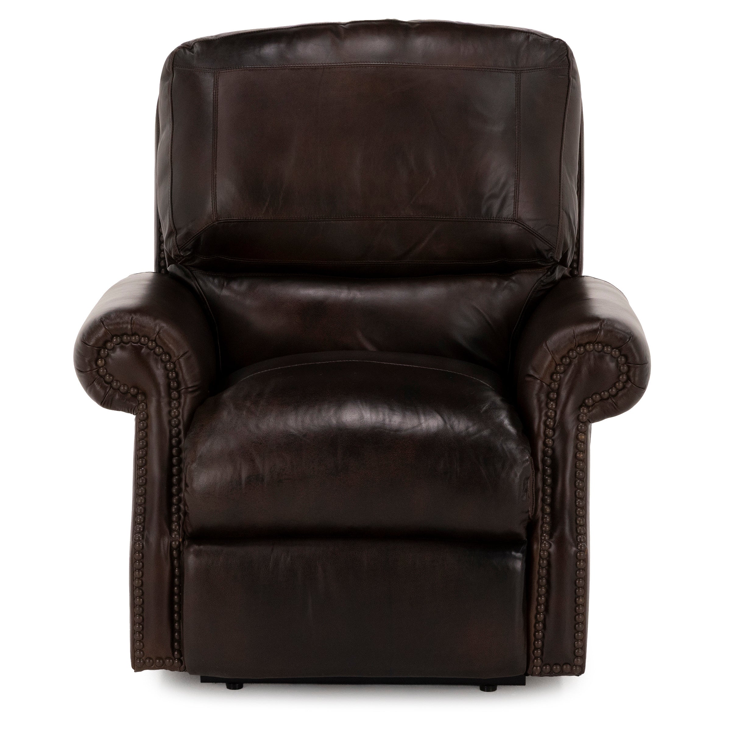Dark brown leather recliner chair with rolled arms and nailhead trim, front view.