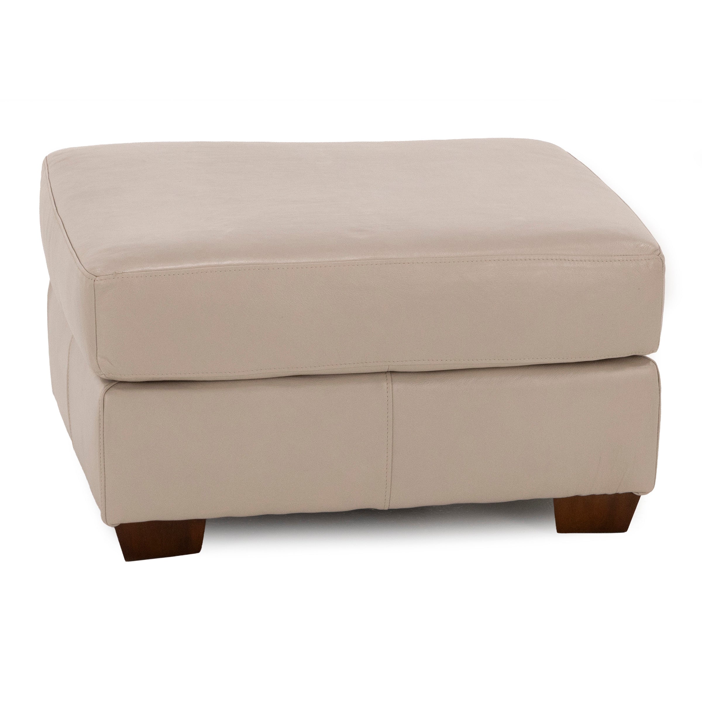 Beige square ottoman with wood legs