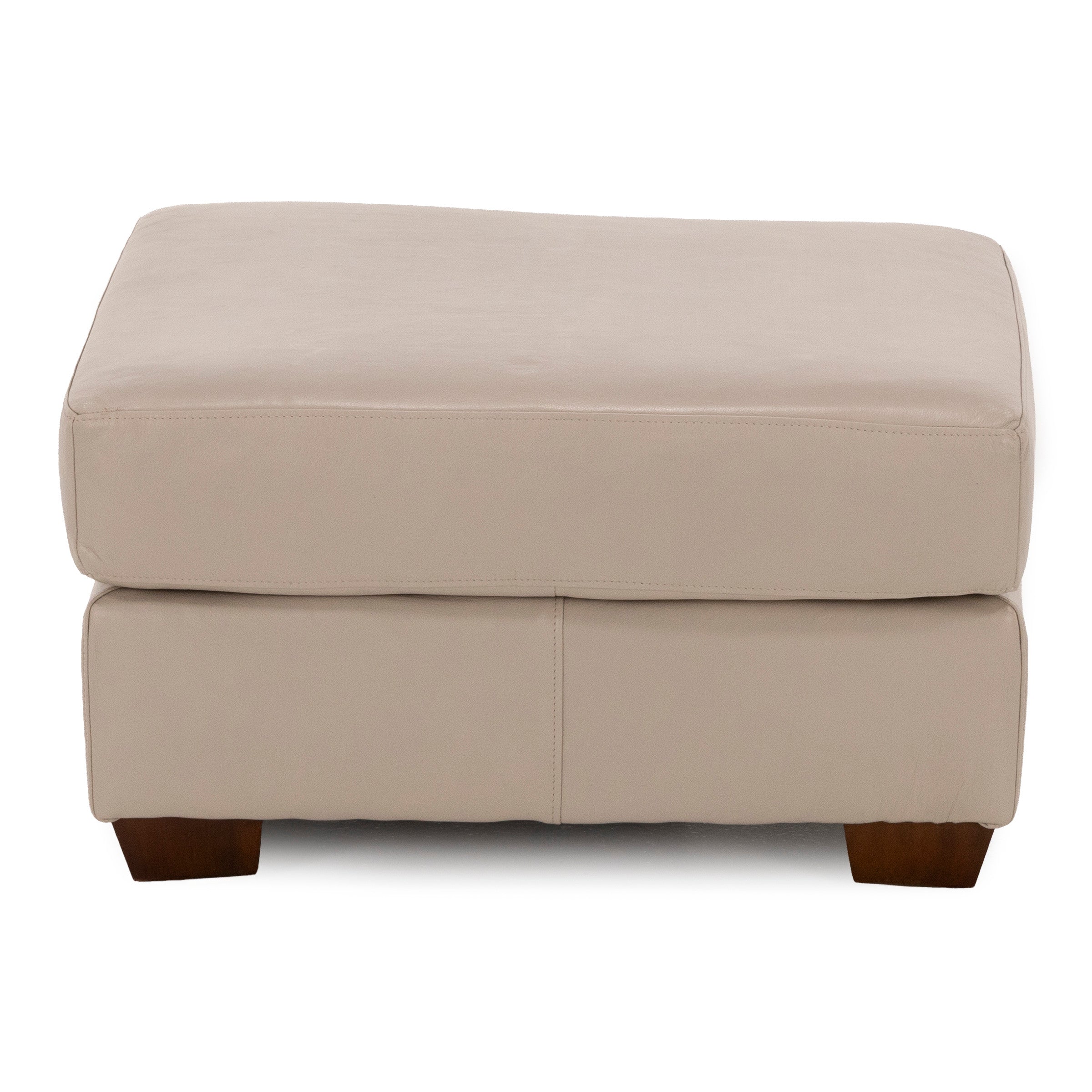Beige rectangular ottoman with wooden legs.