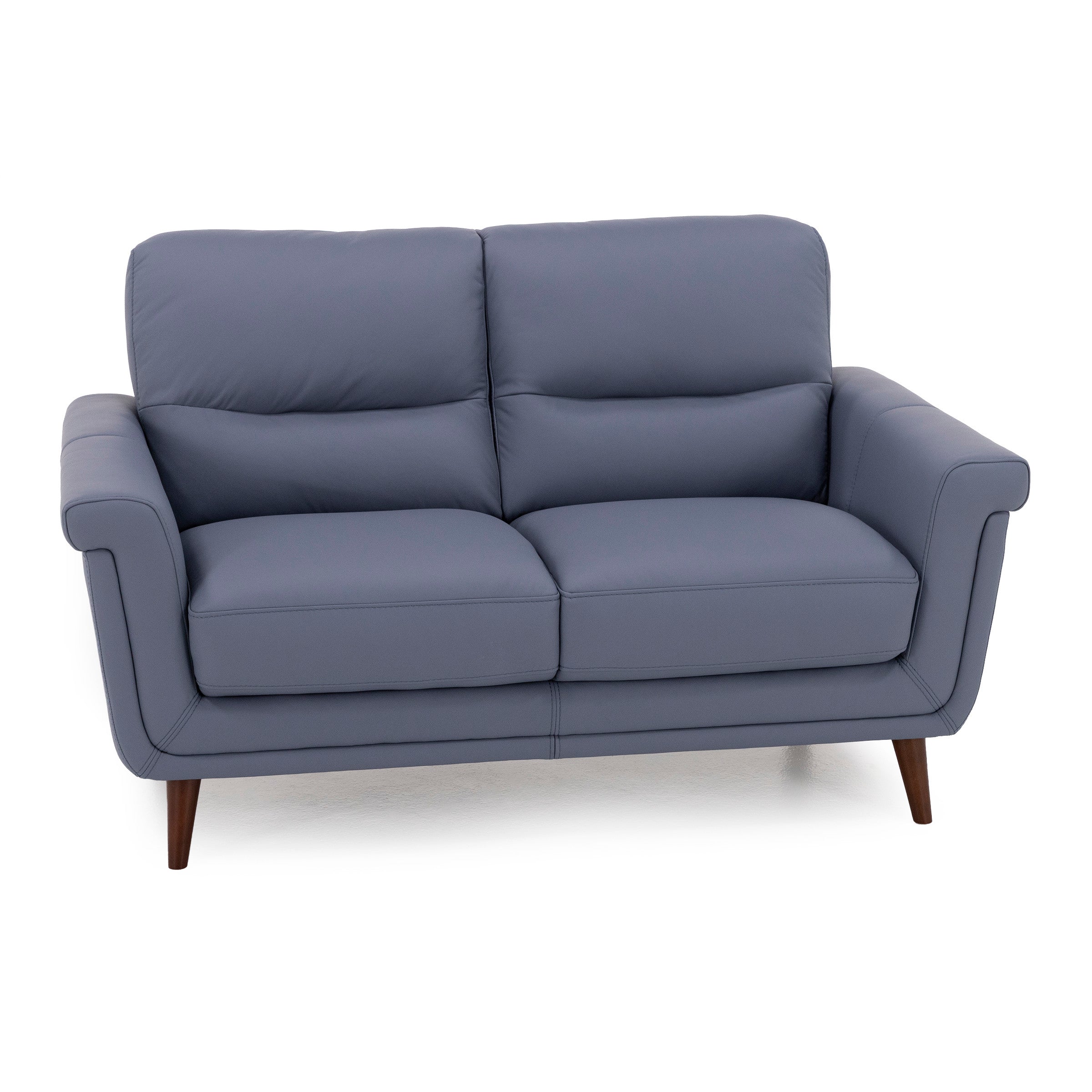 Modern gray loveseat with cushioned seats and angled wooden legs.