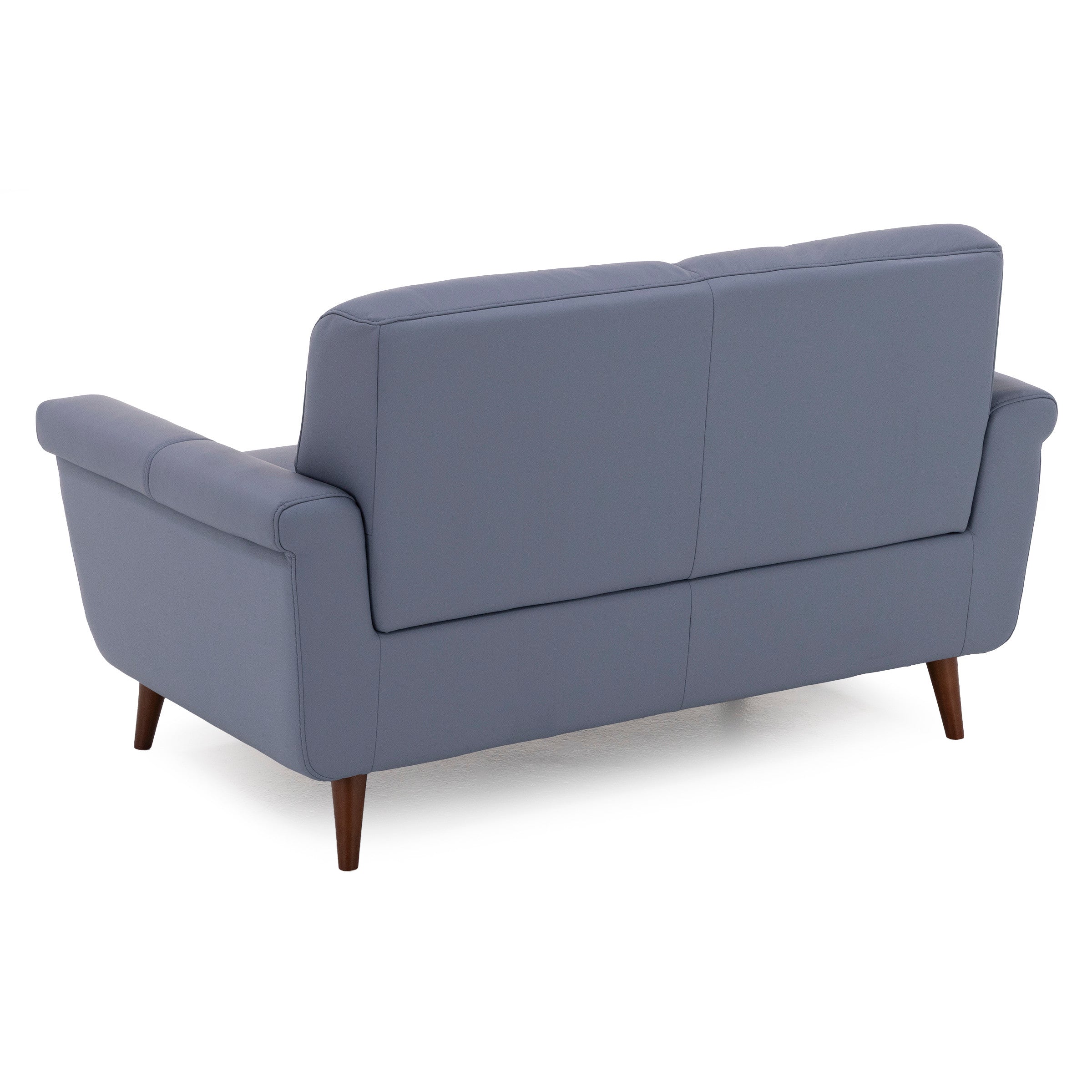 Back view of a modern gray sofa with wood legs.