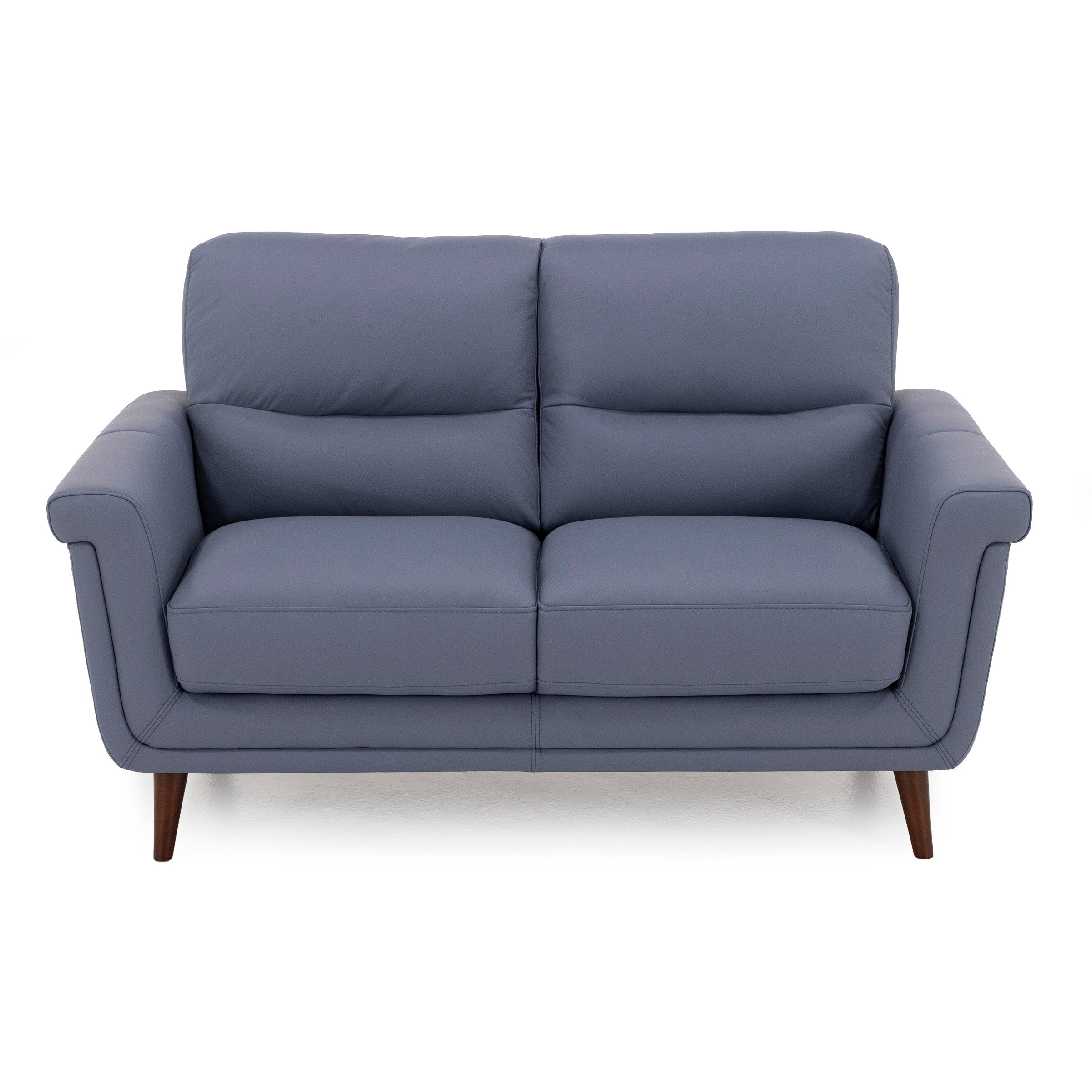 Modern blue two-seat sofa with wooden legs, shown from the front on a white background.