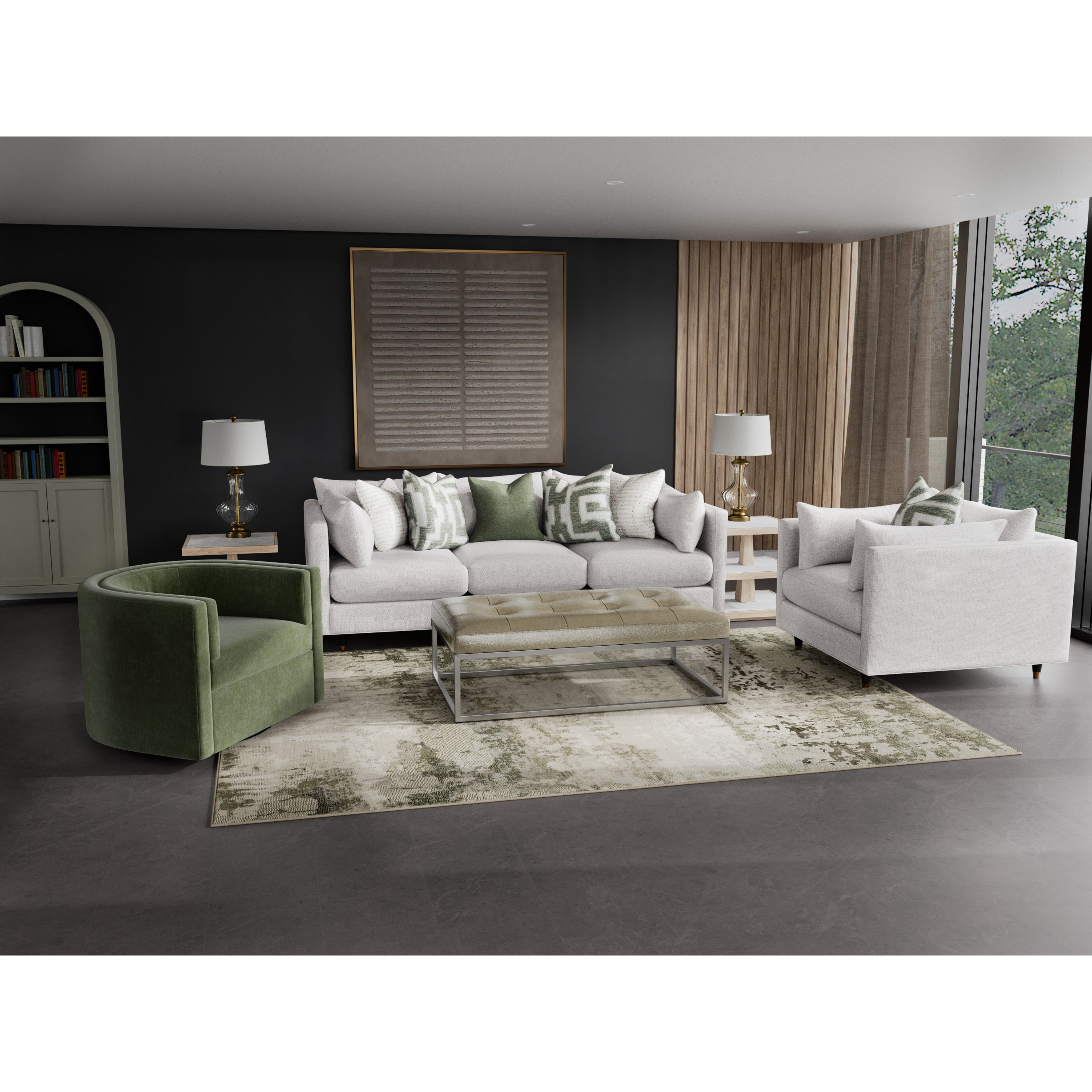 Modern living room with white sofa, green chairs, lamps, and large windows.