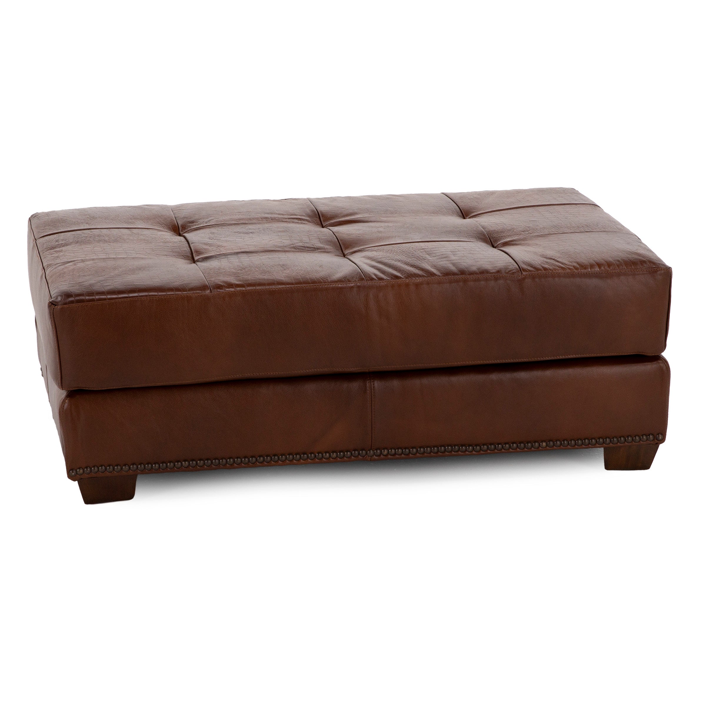 Rectangular brown leather ottoman with tufted top.