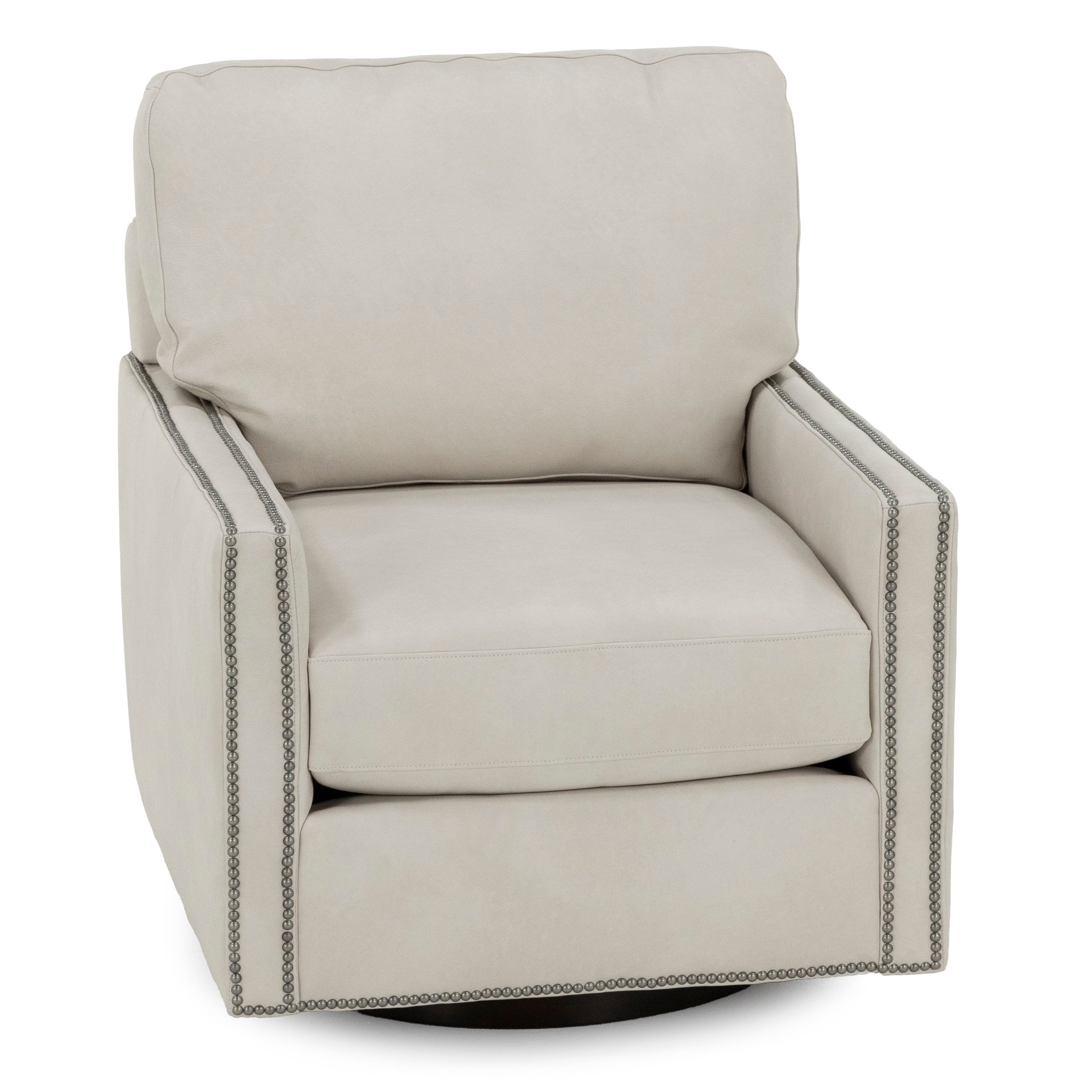 Beige upholstered swivel armchair with nailhead trim.