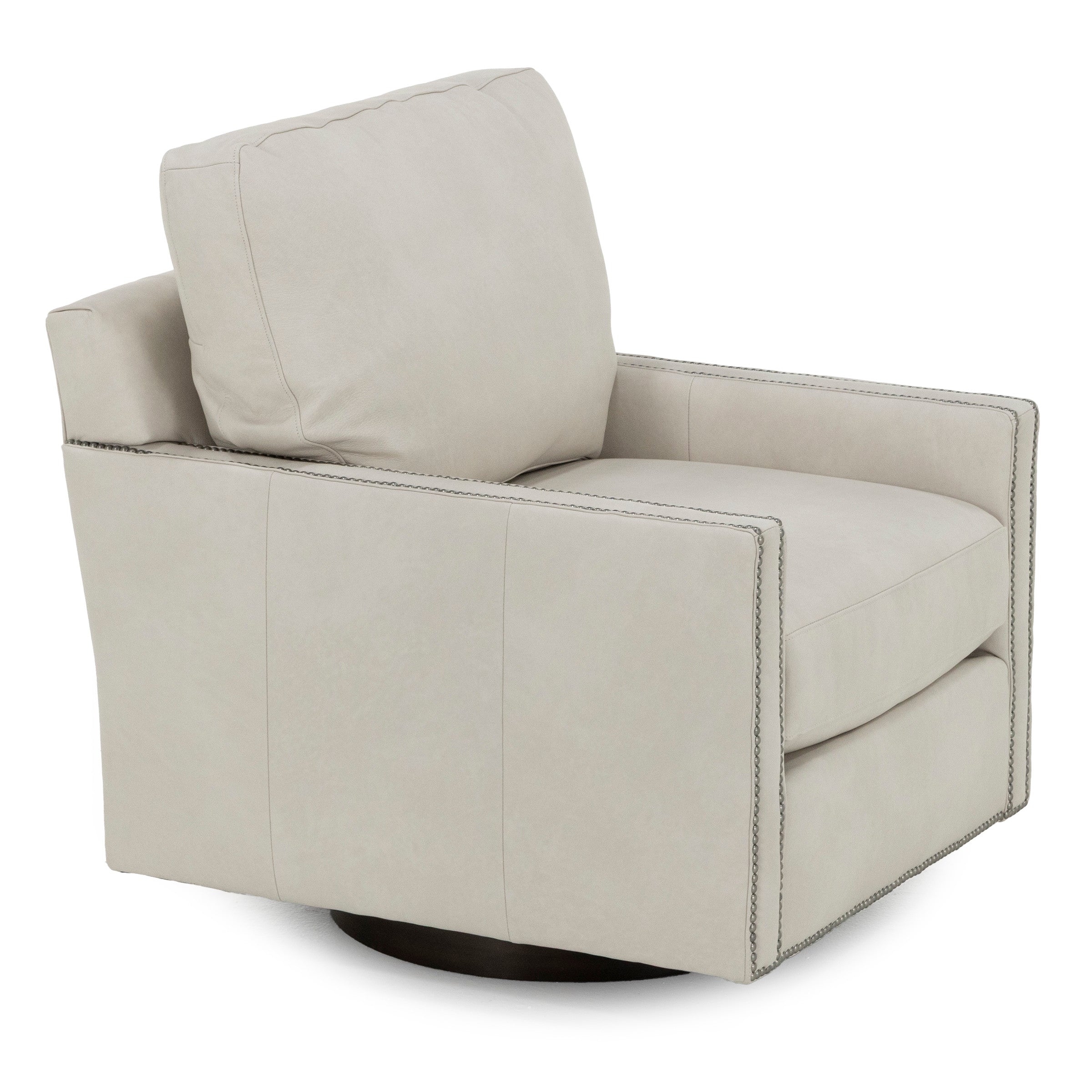 Light beige swivel armchair with plush cushion and stitched detailing.