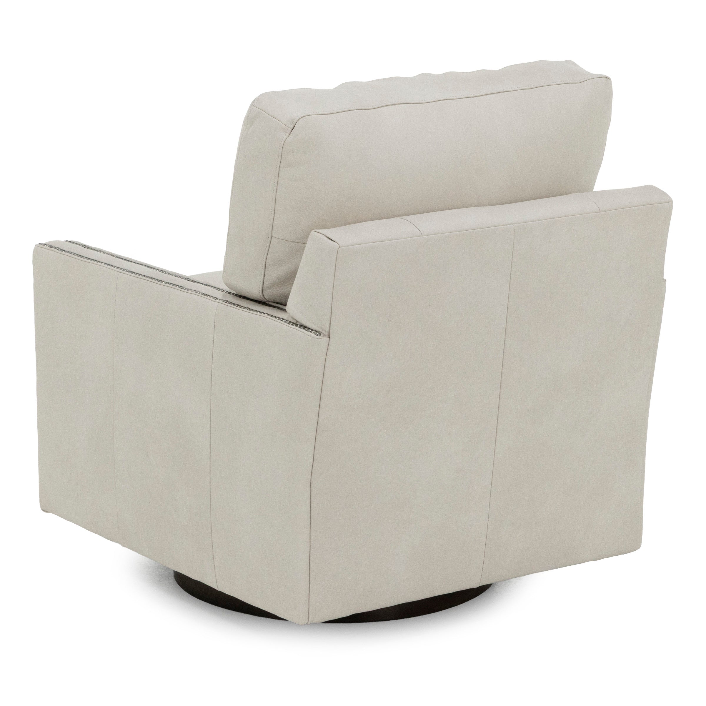 Back view of a modern light gray swivel armchair.