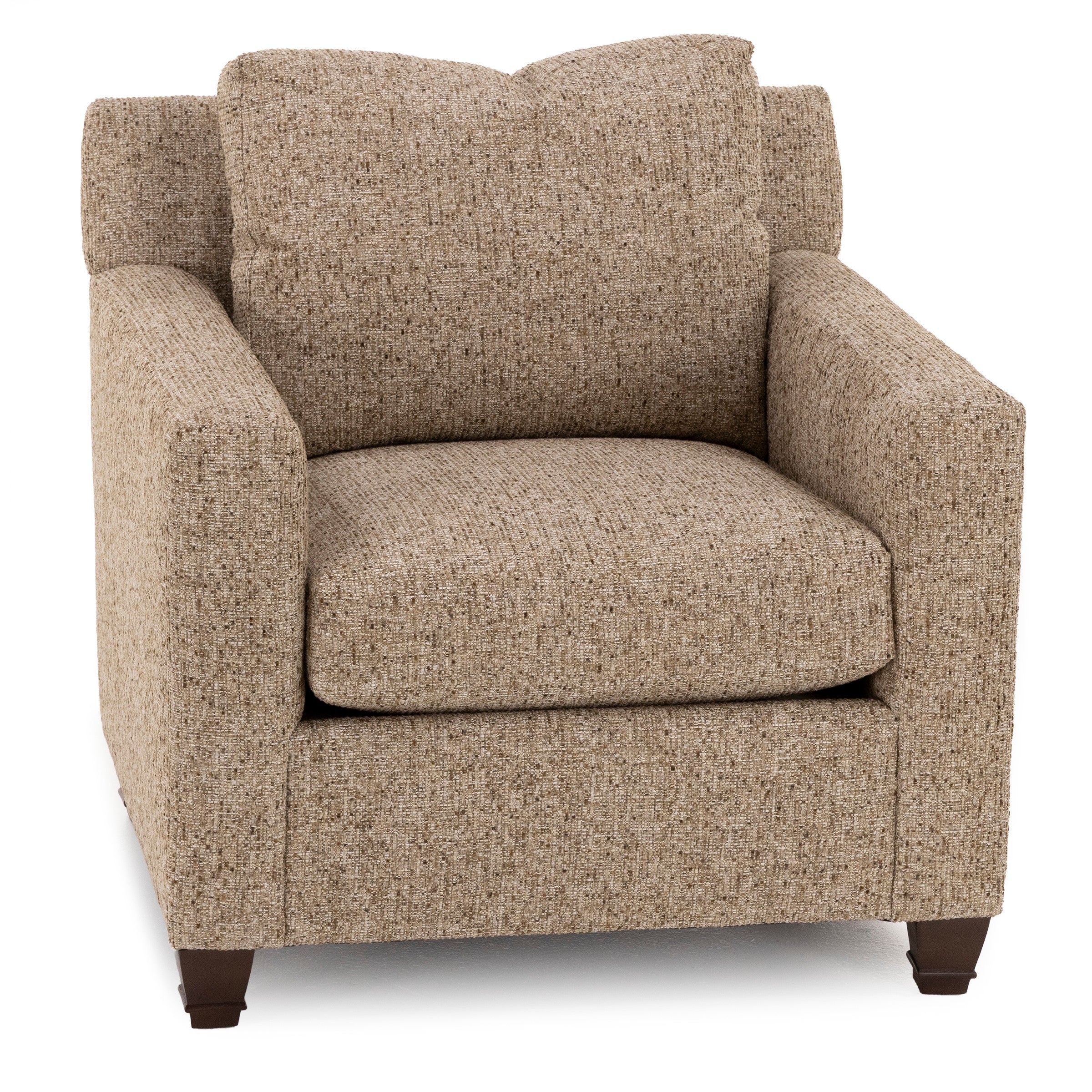 Beige upholstered armchair with square arms and dark wooden legs.