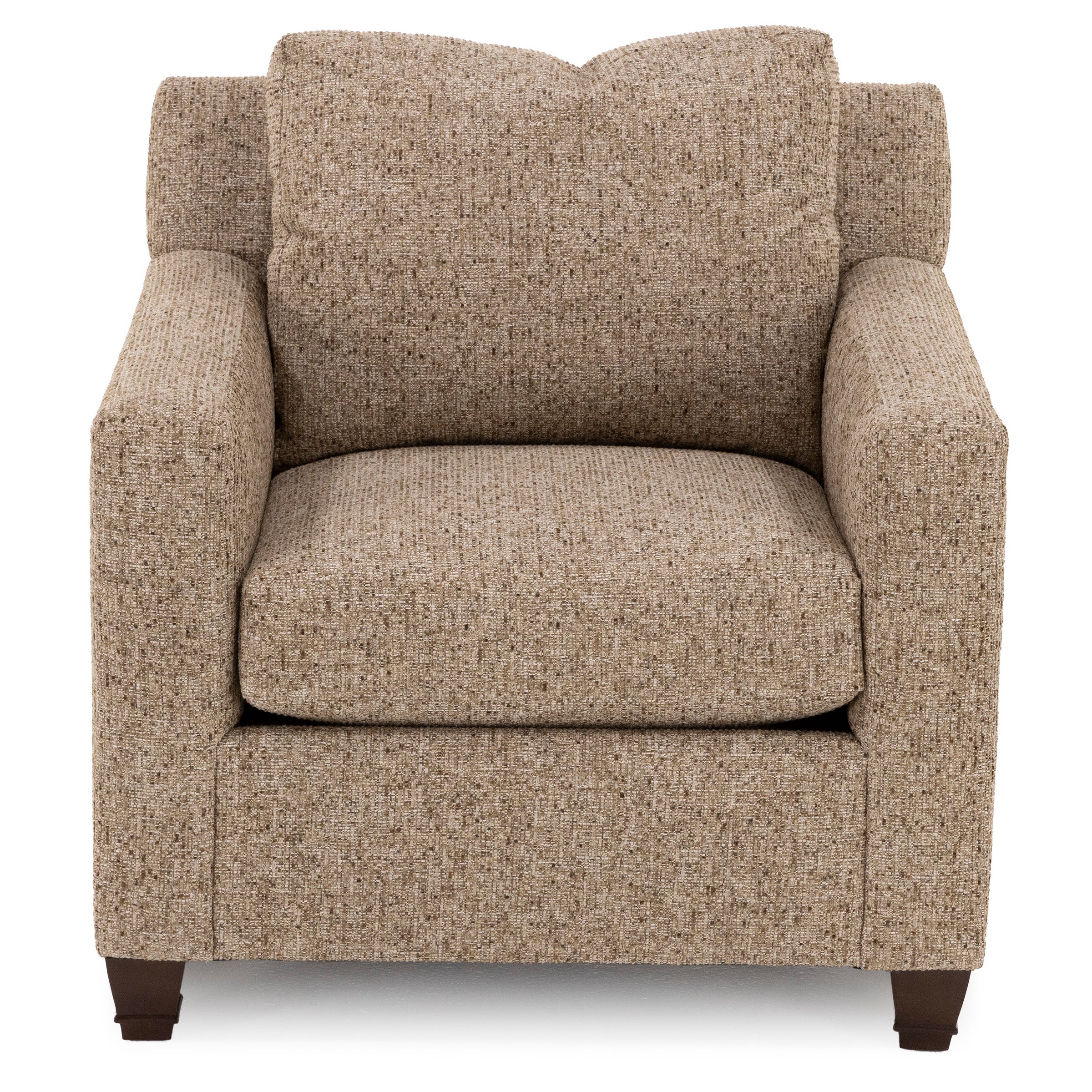 Front view of a beige upholstered armchair with square arms and wooden legs.
