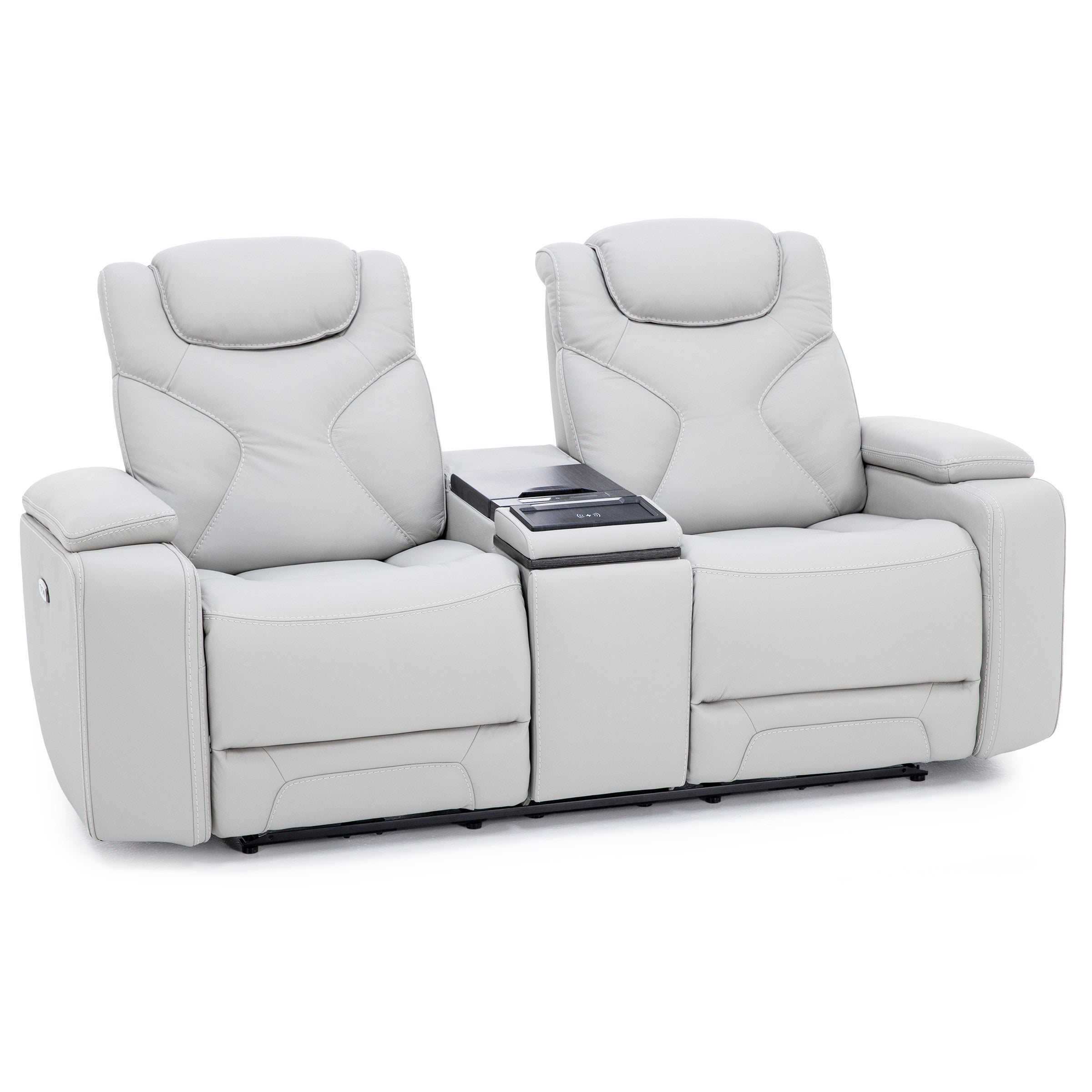 Jet Set Leather Power Headrest Zero Gravity Reclining Loveseat with Refrigerator Console