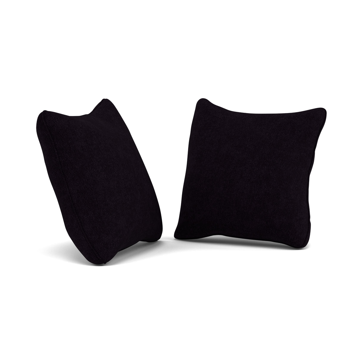 Two black square throw pillows on a white background.