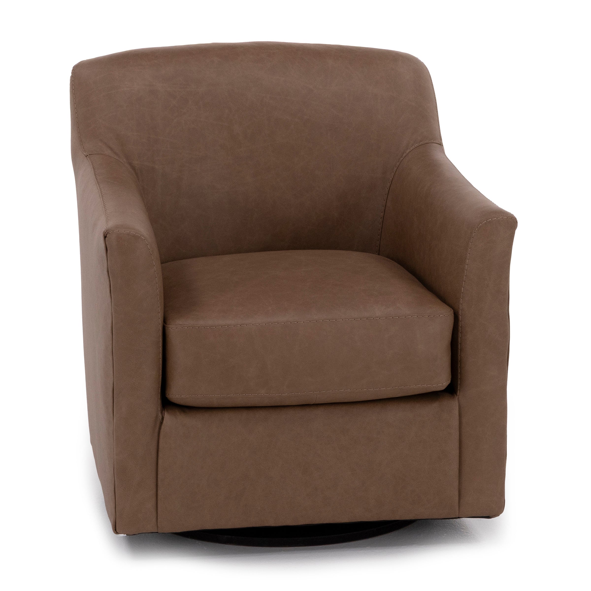 Brown upholstered swivel armchair with a modern, rounded design.