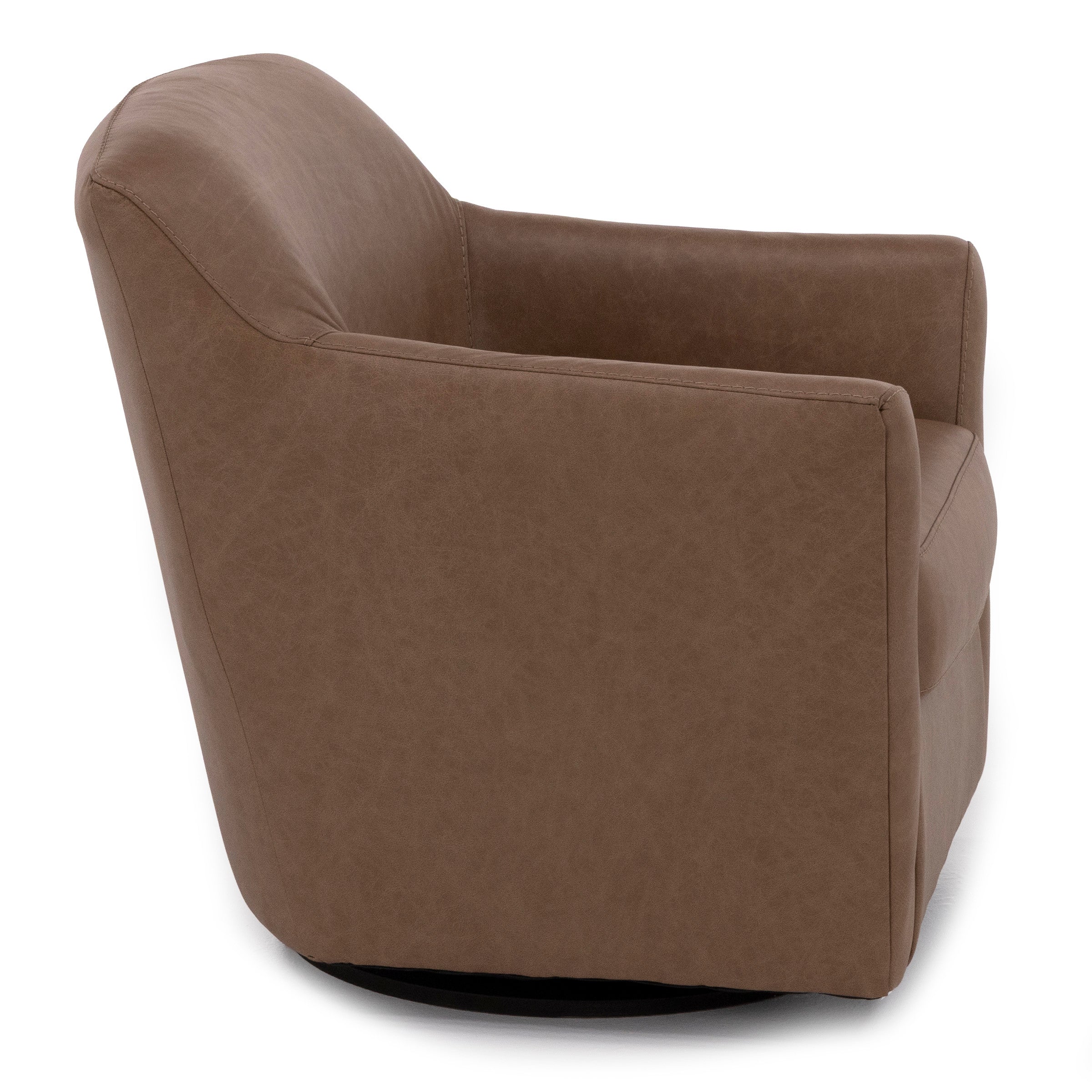 Angled view of a modern brown swivel chair with smooth upholstery.